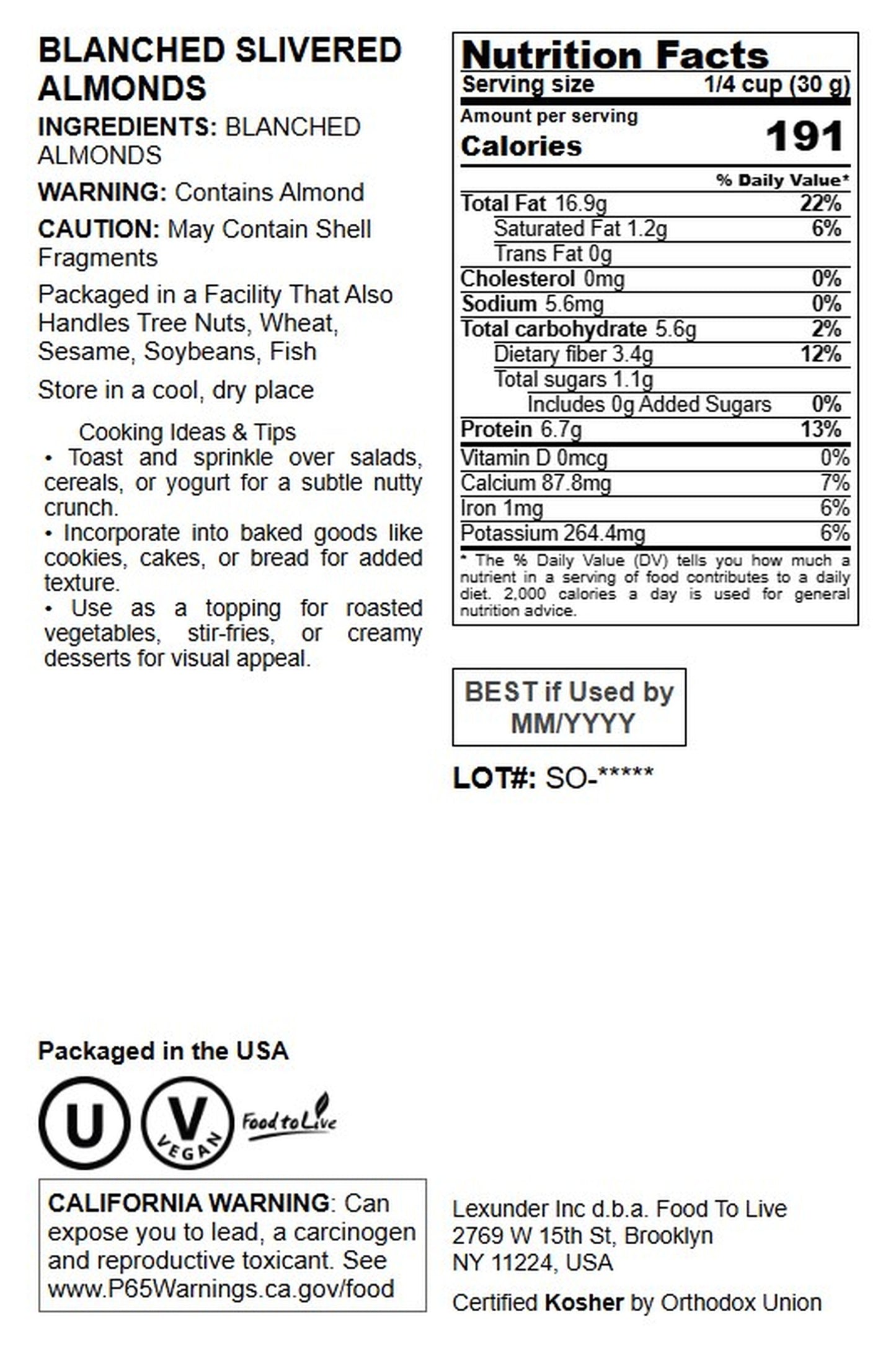 Blanched Slivered Almonds - by Food To Live
