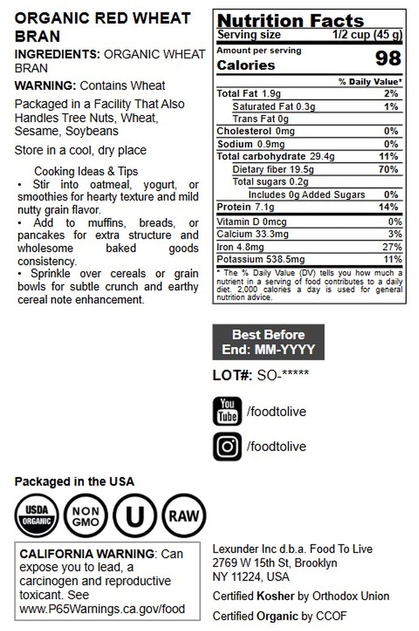 Organic Red Wheat Bran - by Food To Live