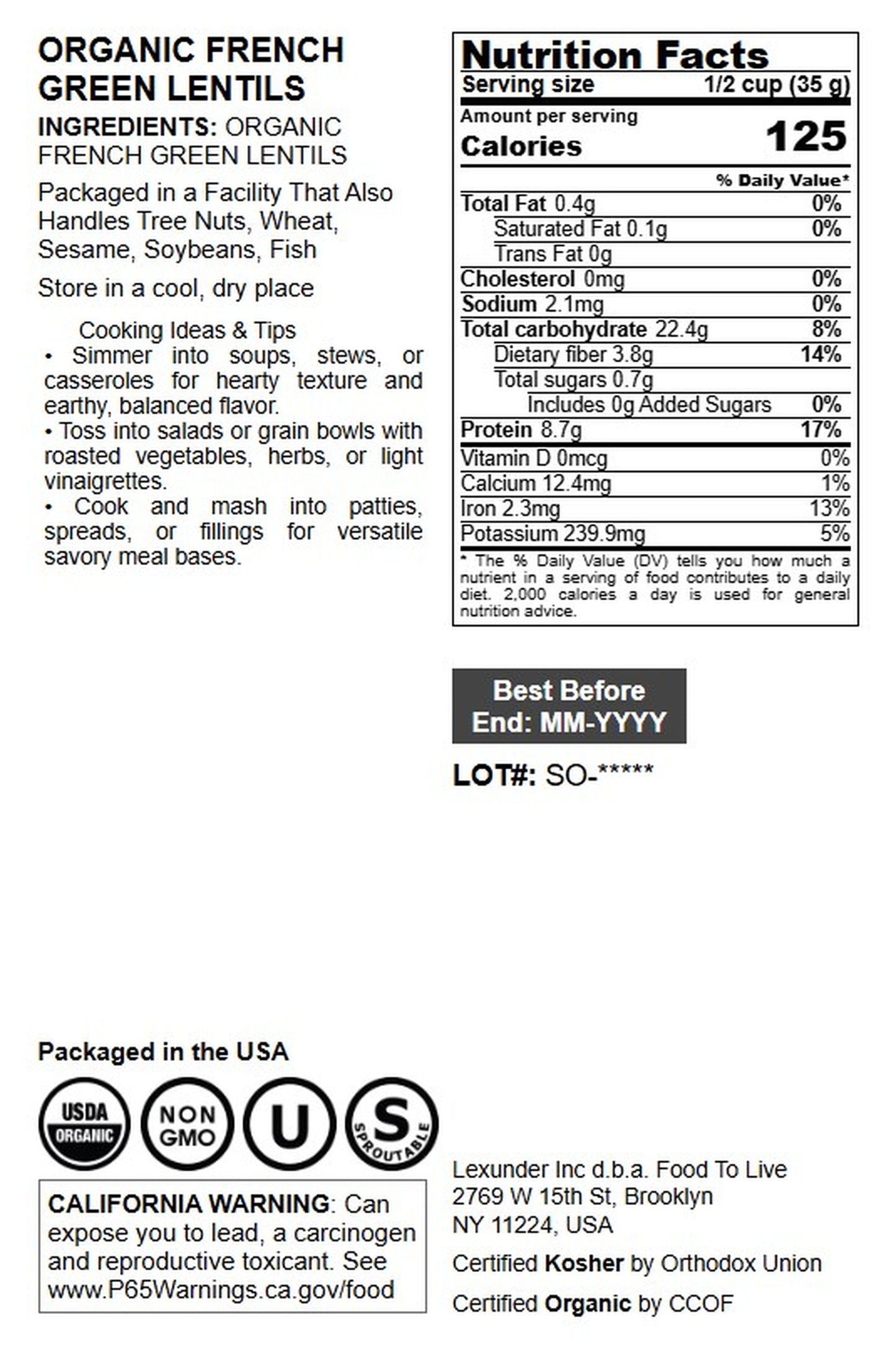 Organic French Green Lentils - by Food To Live