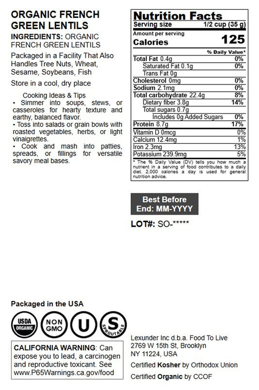 Organic French Green Lentils - by Food To Live
