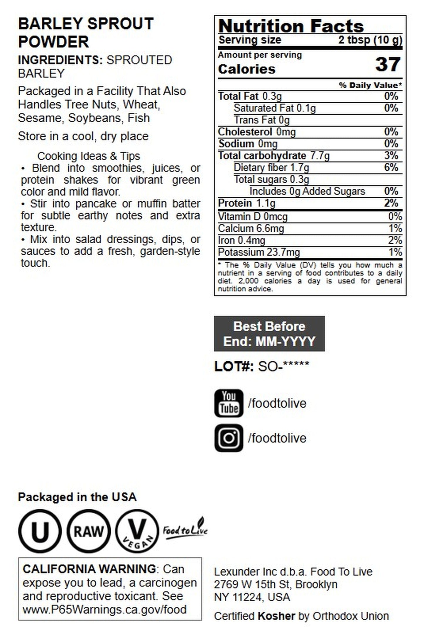 Sprouted Barley Powder - by Food To Live