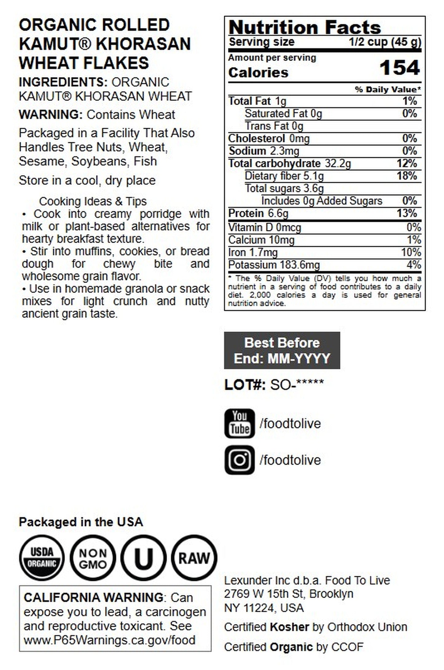 Organic Rolled KAMUT Khorasan Wheat Flakes - by Food To Live