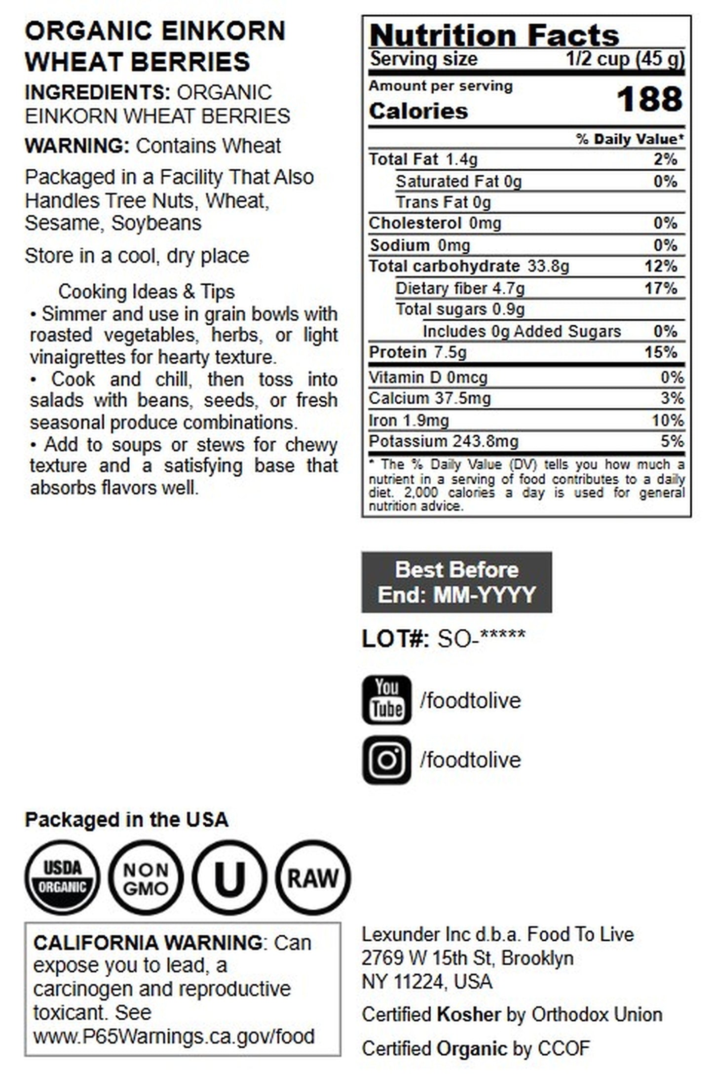 Organic Einkorn Wheat Berries - by Food To Live