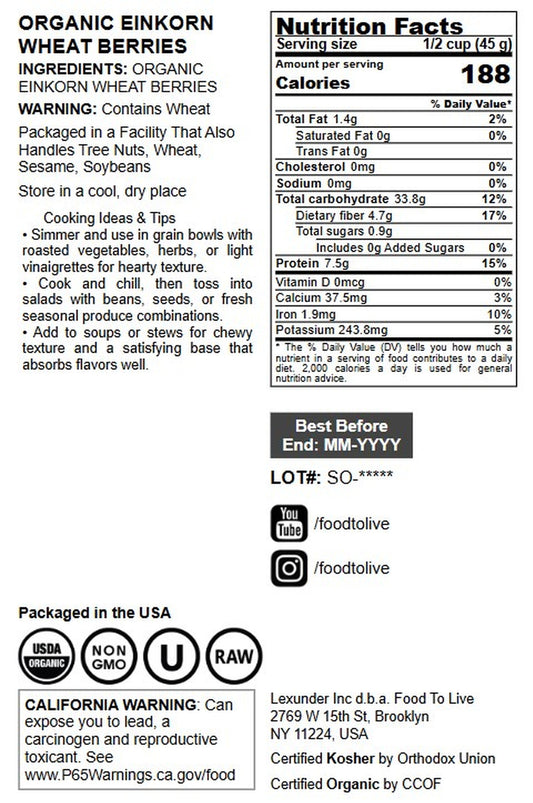 Organic Einkorn Wheat Berries - by Food To Live