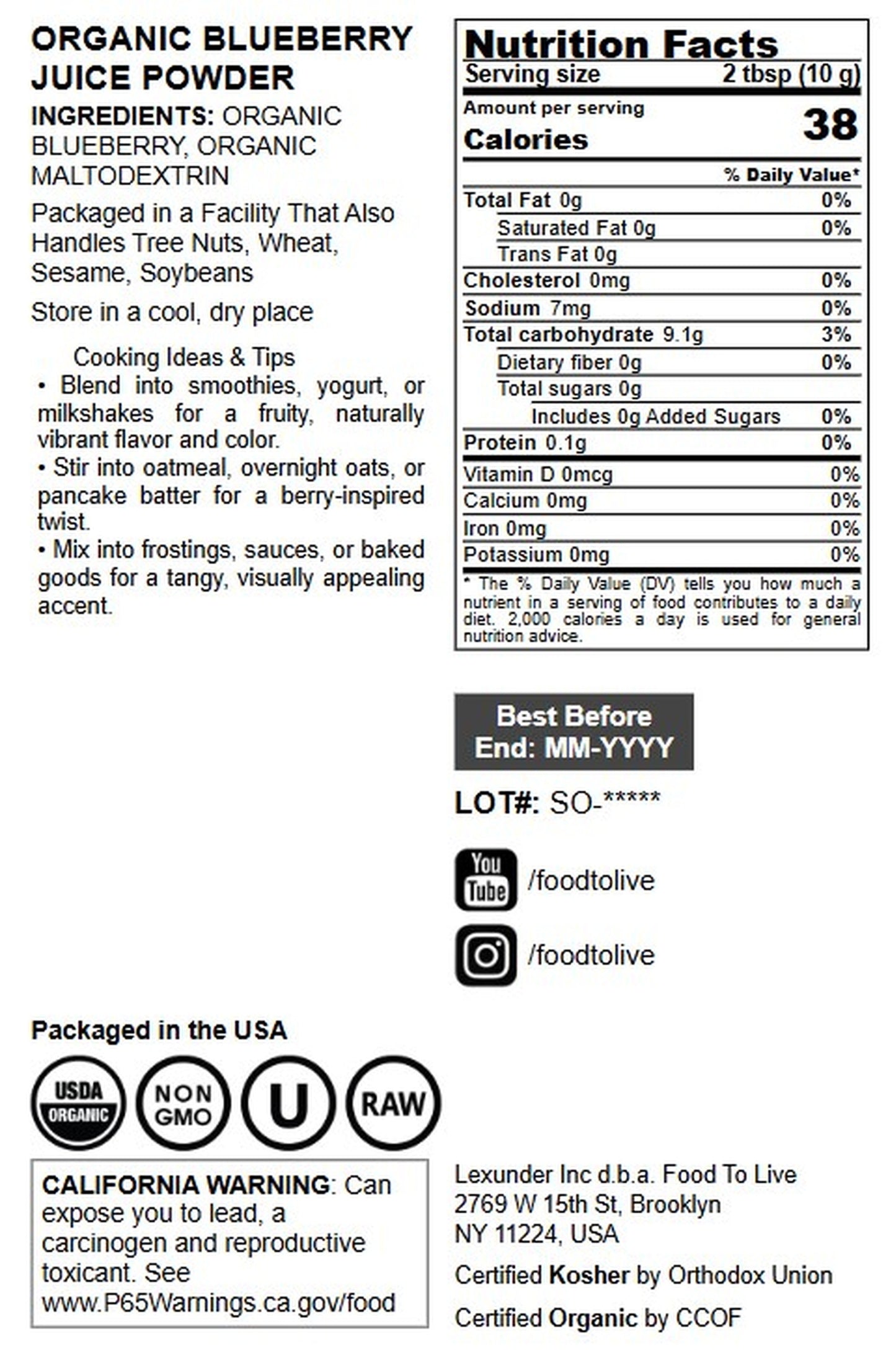 Organic Blueberry Powder - by Food To Live