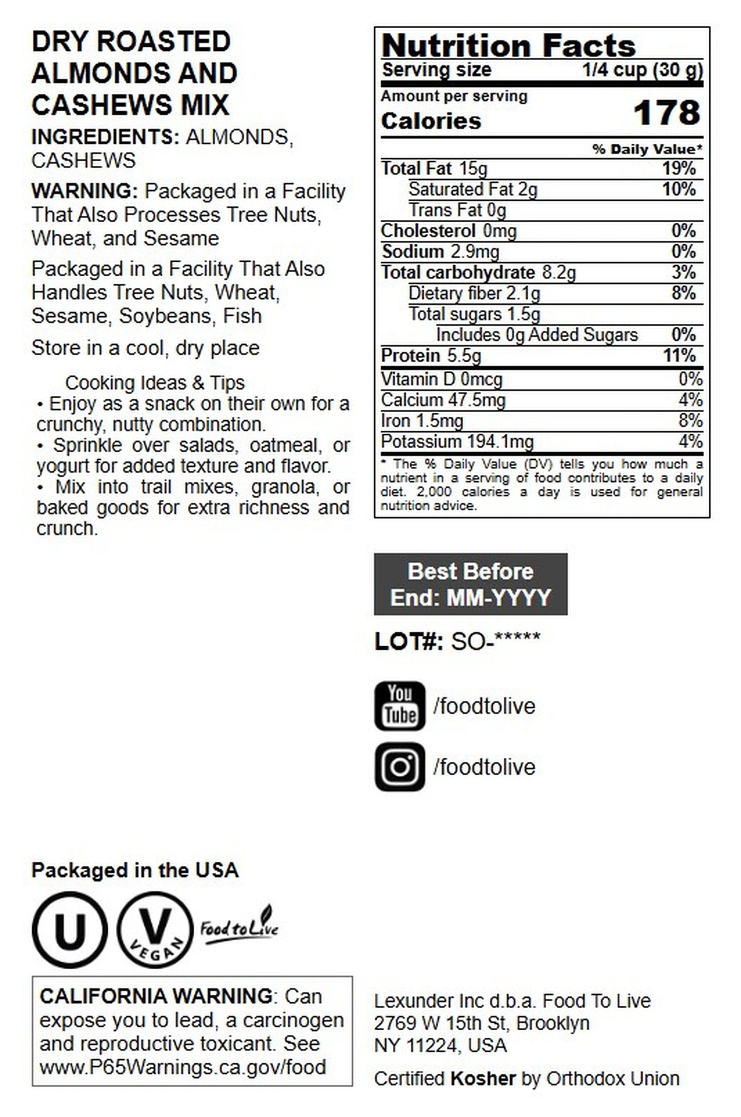 Dry Roasted Almonds and Cashews Mix - by Food To Live