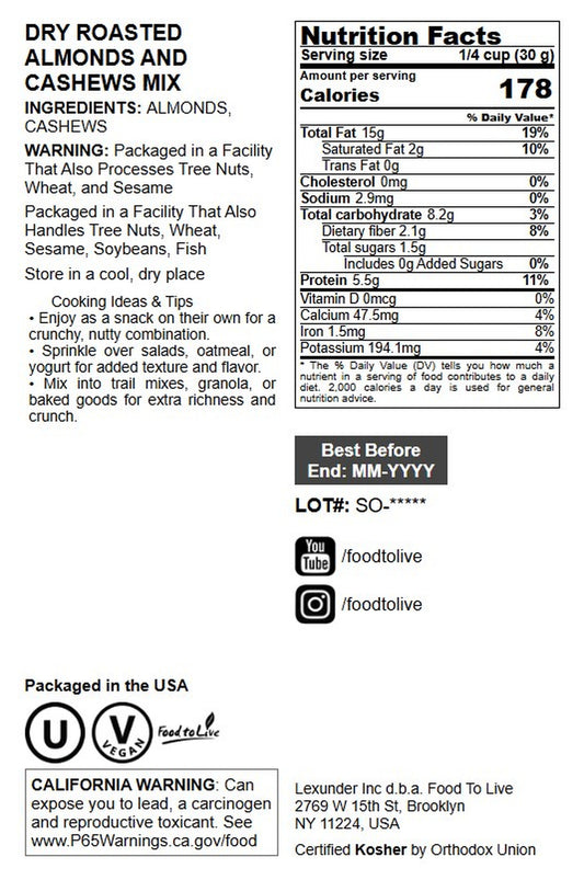 Dry Roasted Almonds and Cashews Mix - by Food To Live