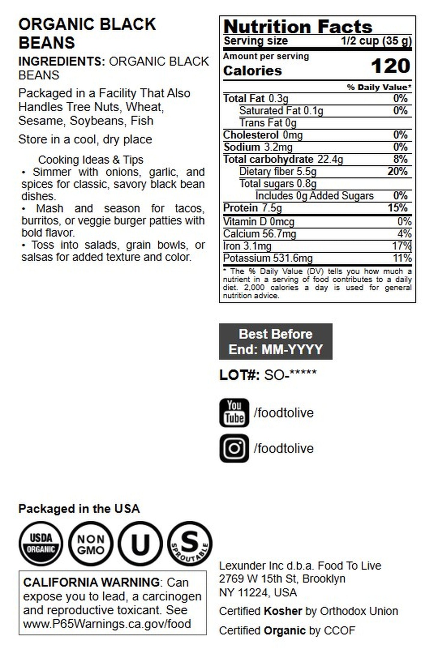 Organic Black Turtle Beans - by Food To Live