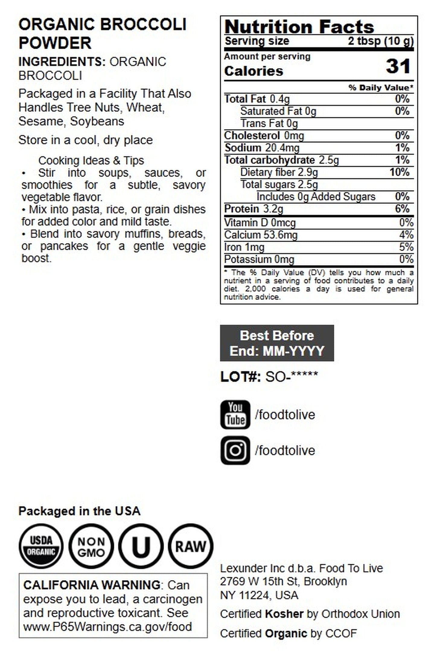 Organic Broccoli Powder - by Food To Live
