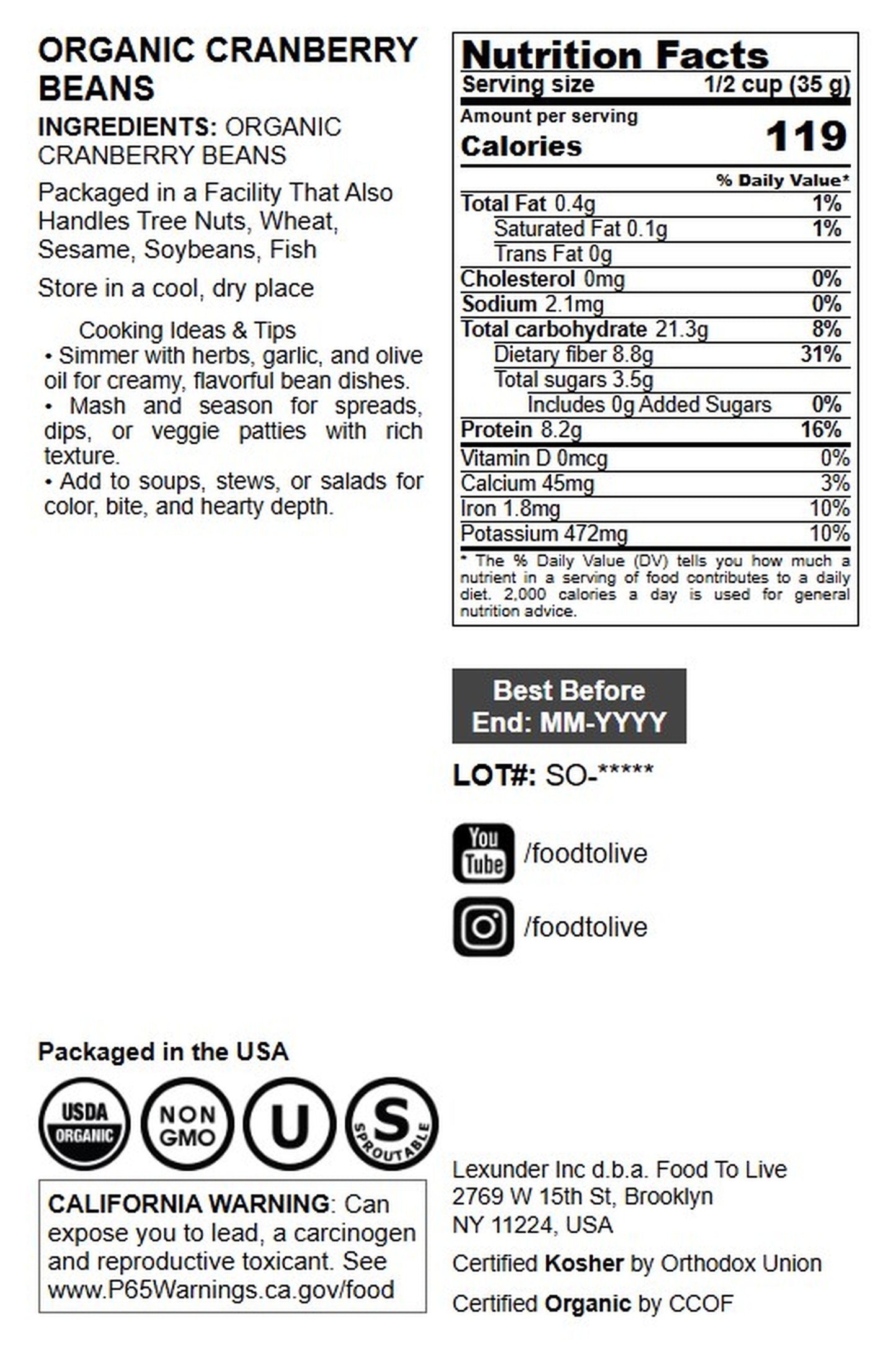 Organic Dried Cranberry Beans - by Food To Live
