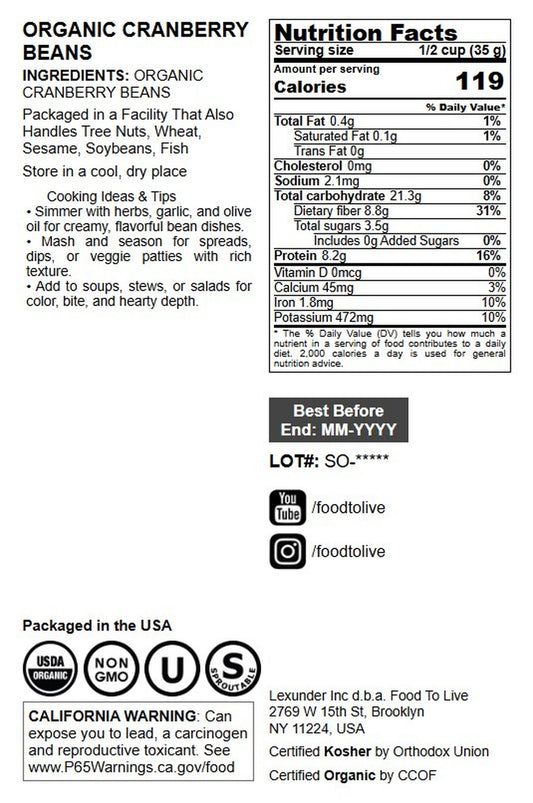 Organic Dried Cranberry Beans - by Food To Live