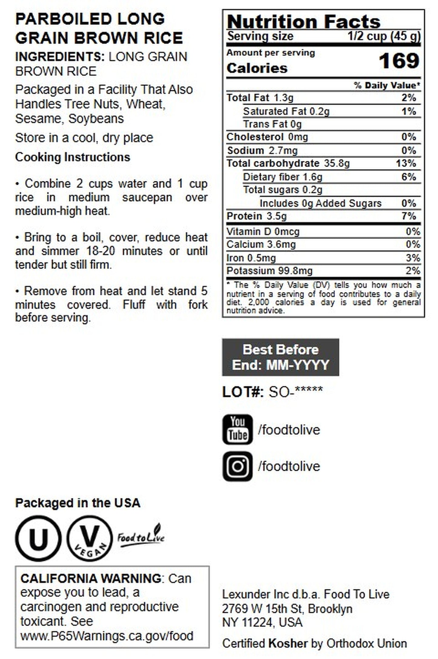 Parboiled Long Grain Brown Rice - by Food To Live