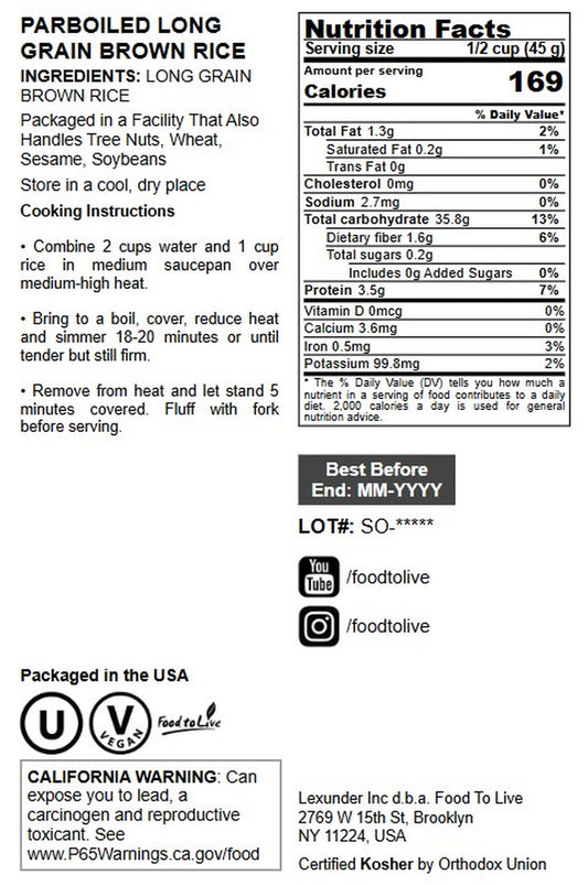 Parboiled Long Grain Brown Rice - by Food To Live