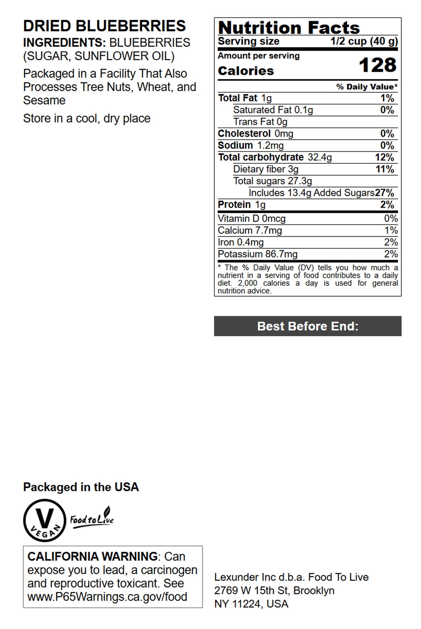 Dried Blueberries - by Food To Live