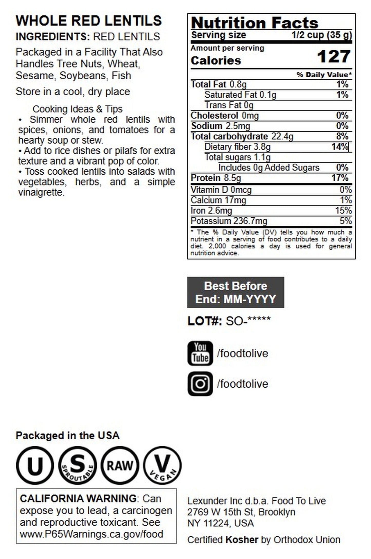 Red Lentils Whole - by Food To Live