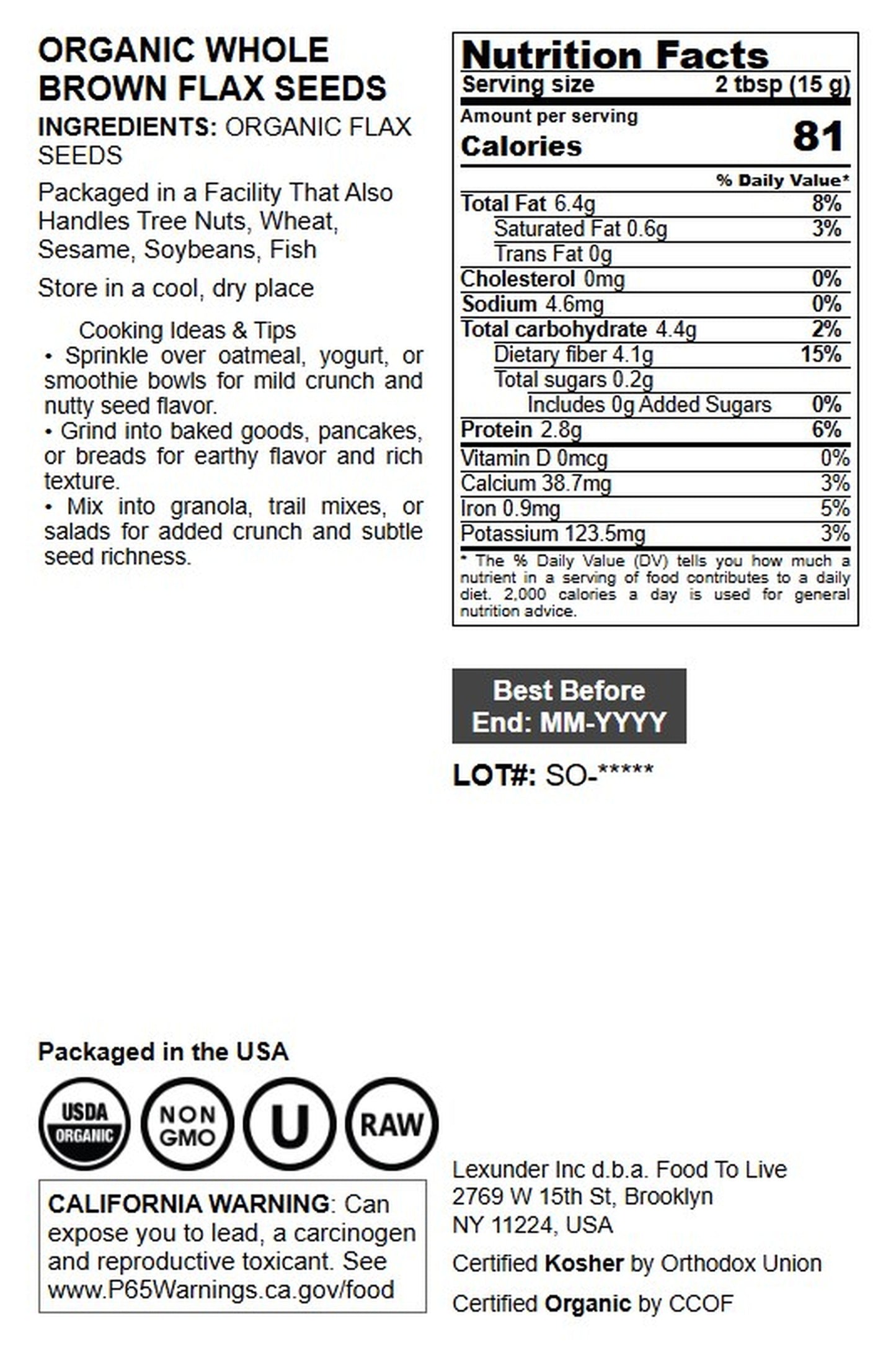Organic Whole Brown Flax Seeds - by Food To Live