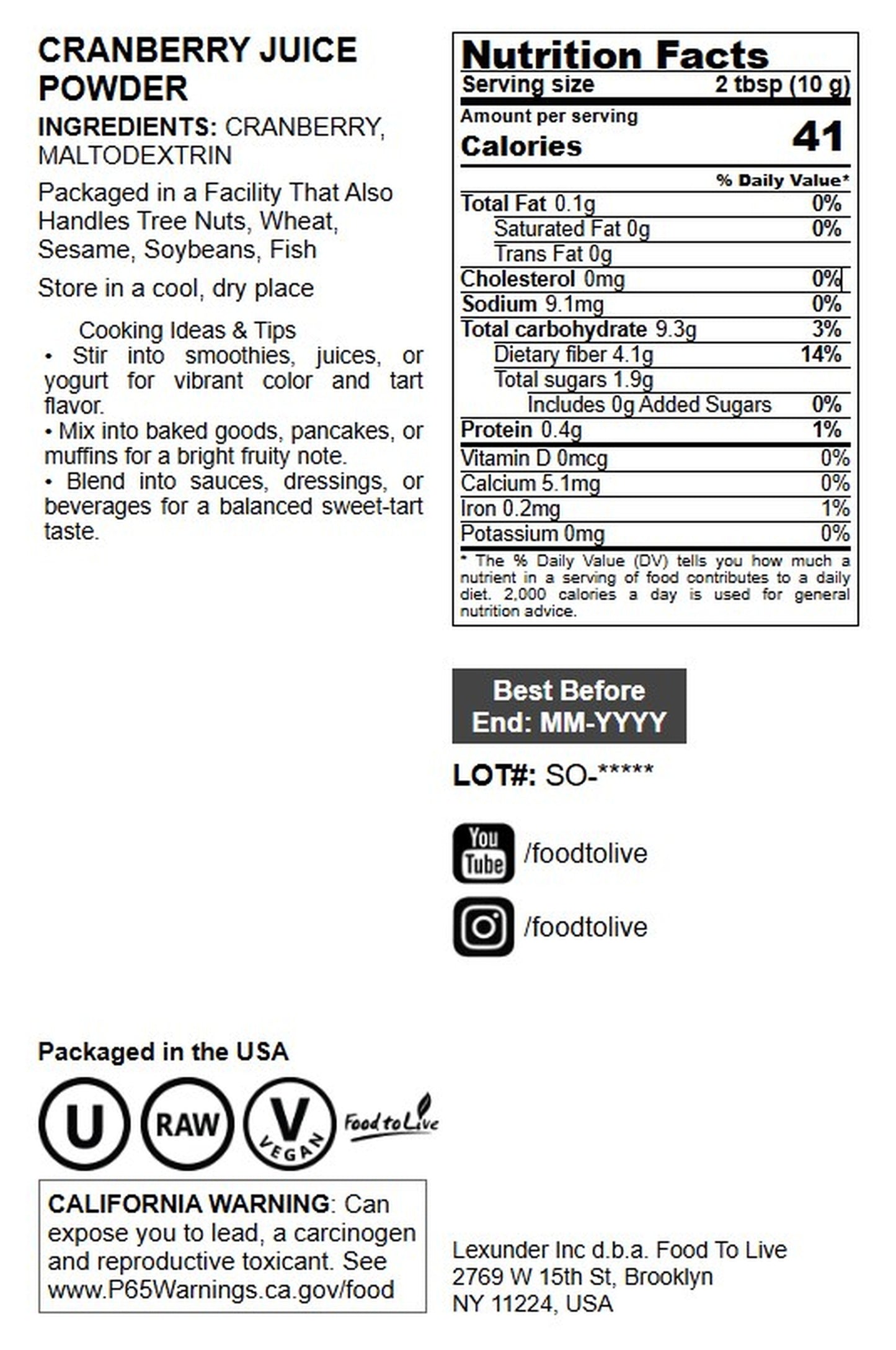 Cranberry Juice Powder - by Food to Live