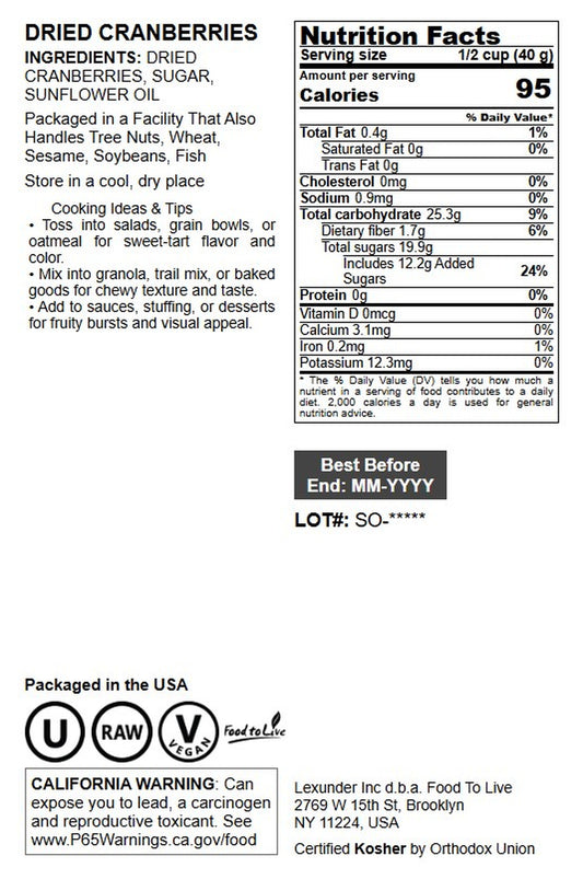 Dried Cranberries - by Food To Live