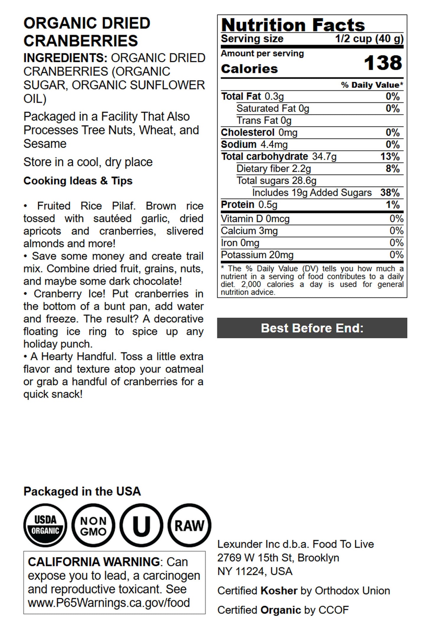 Organic Dried Cranberries - by Food To Live
