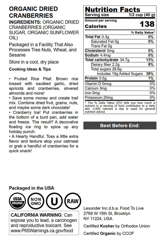 Organic Dried Cranberries - by Food To Live