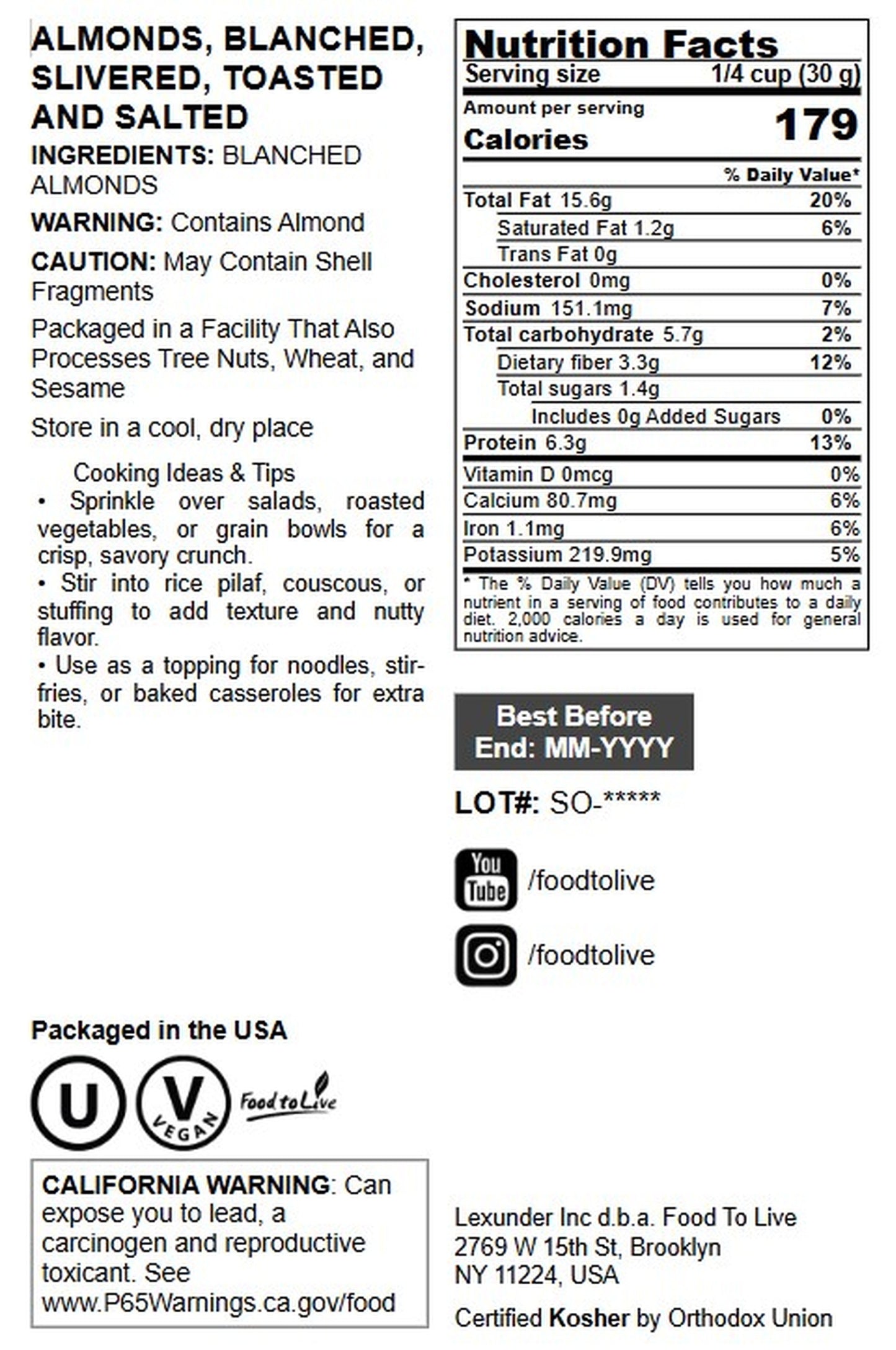 Dry Roasted Blanched Slivered Almonds with Himalayan Salt - by Food to Live