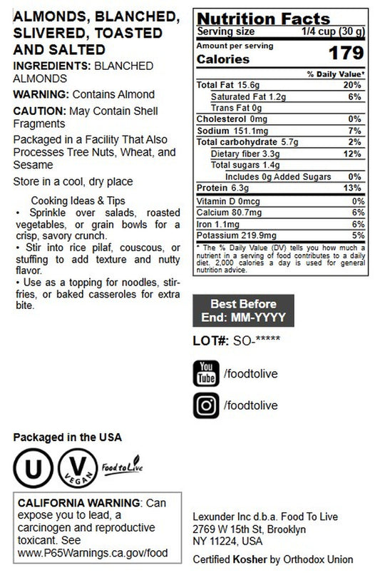 Dry Roasted Blanched Slivered Almonds with Himalayan Salt - by Food to Live