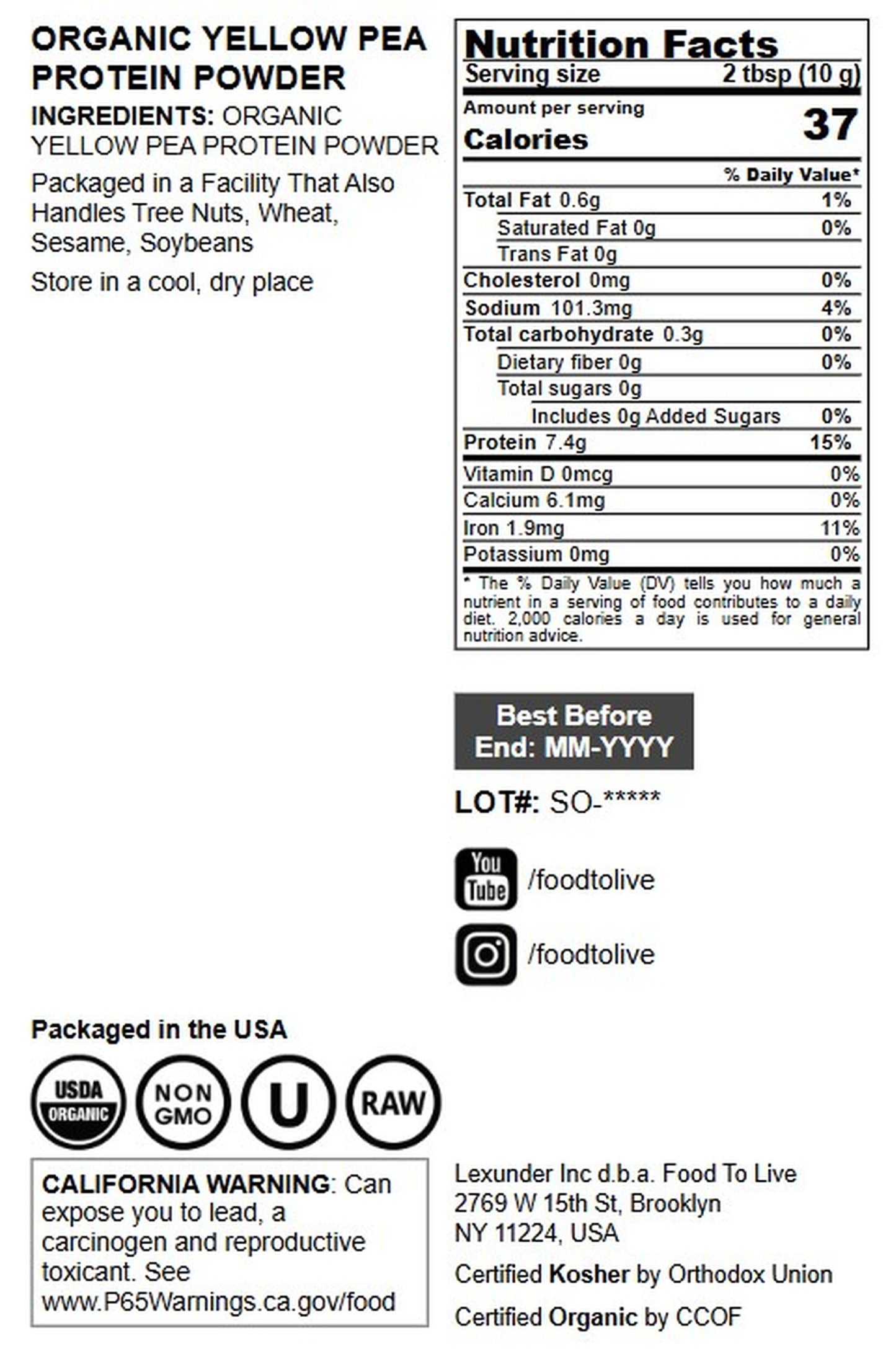 Organic Pea Protein Powder - by Food To Live
