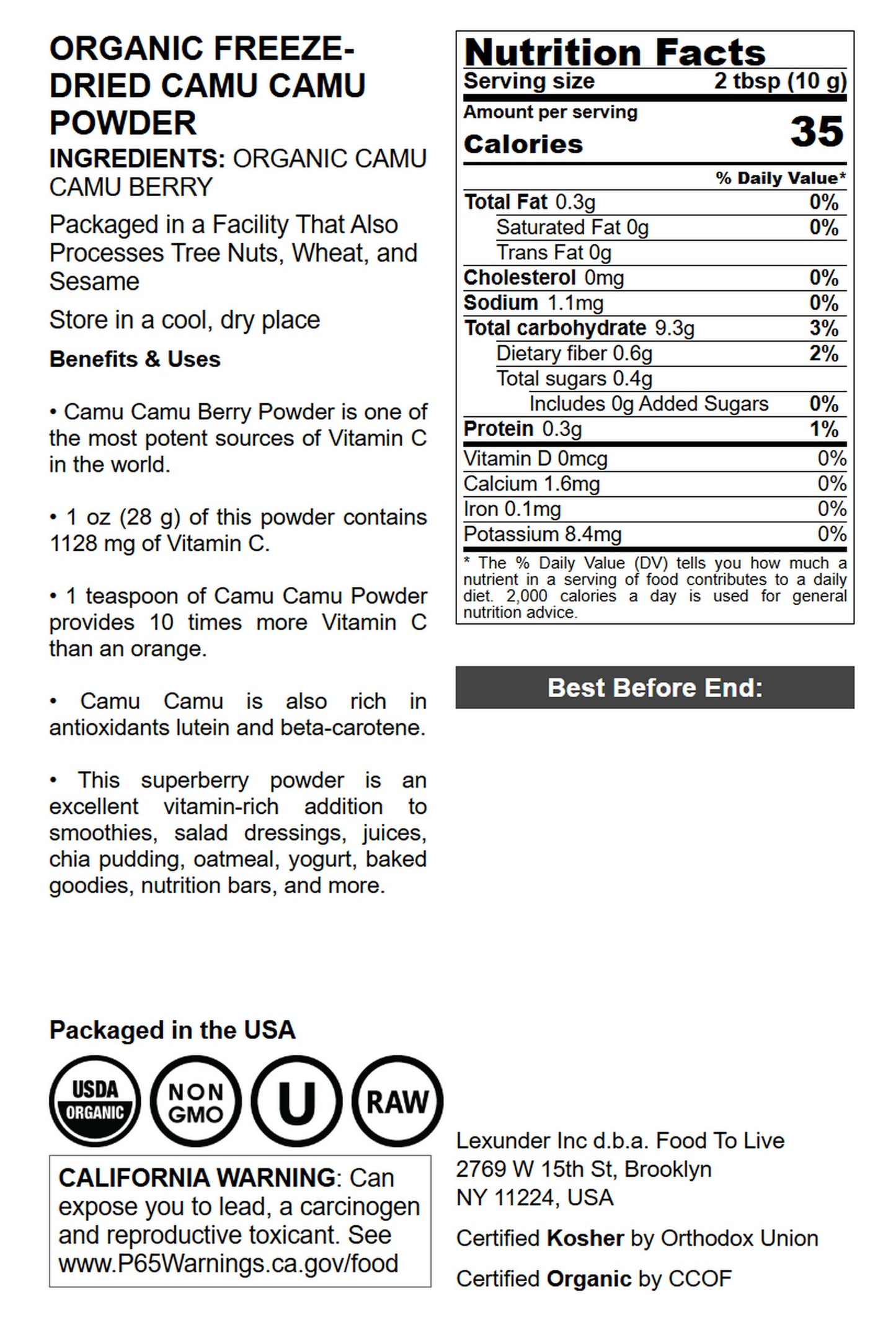 Organic Camu Camu Powder - by Food To Live