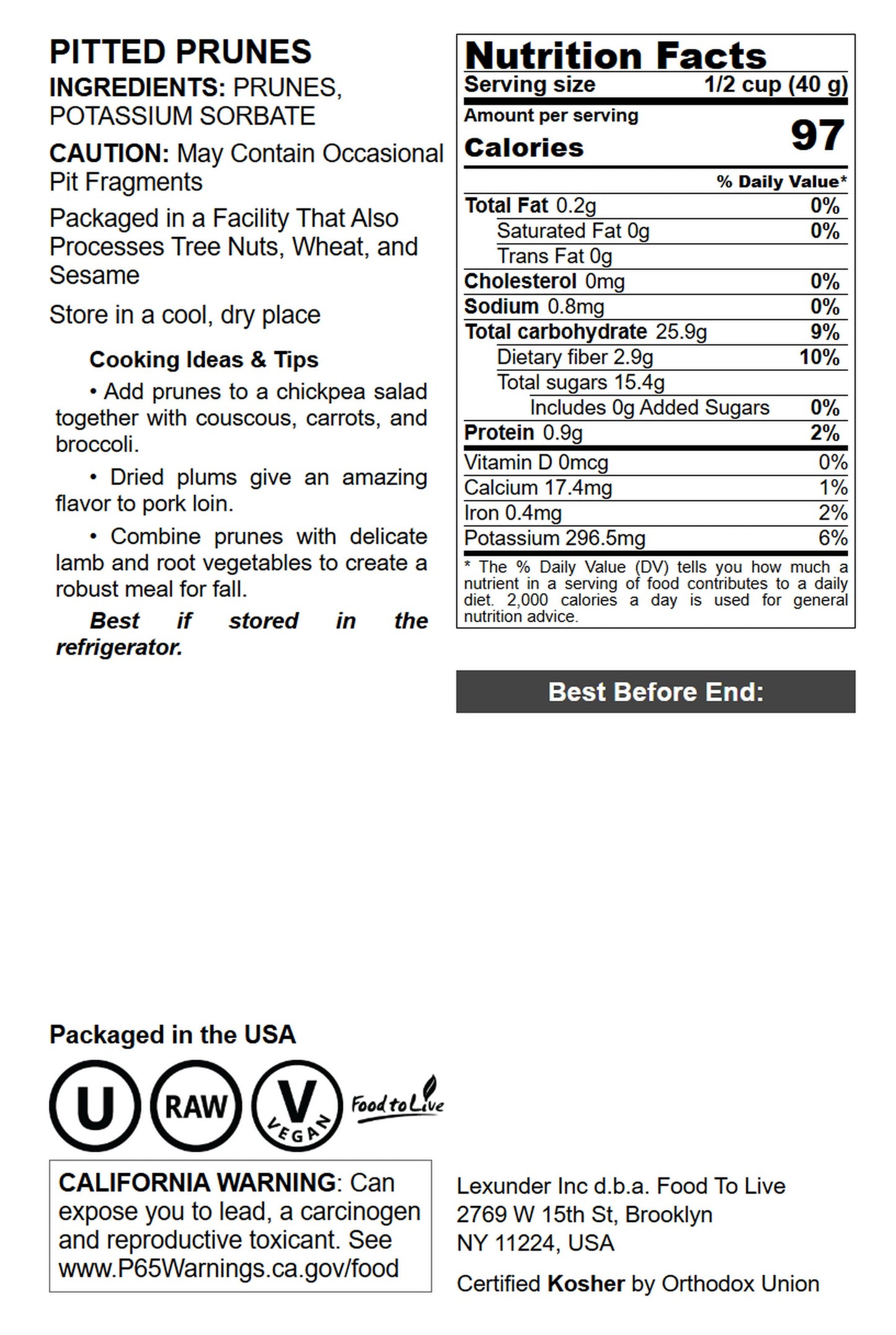 Pitted Prunes - by Food To Live