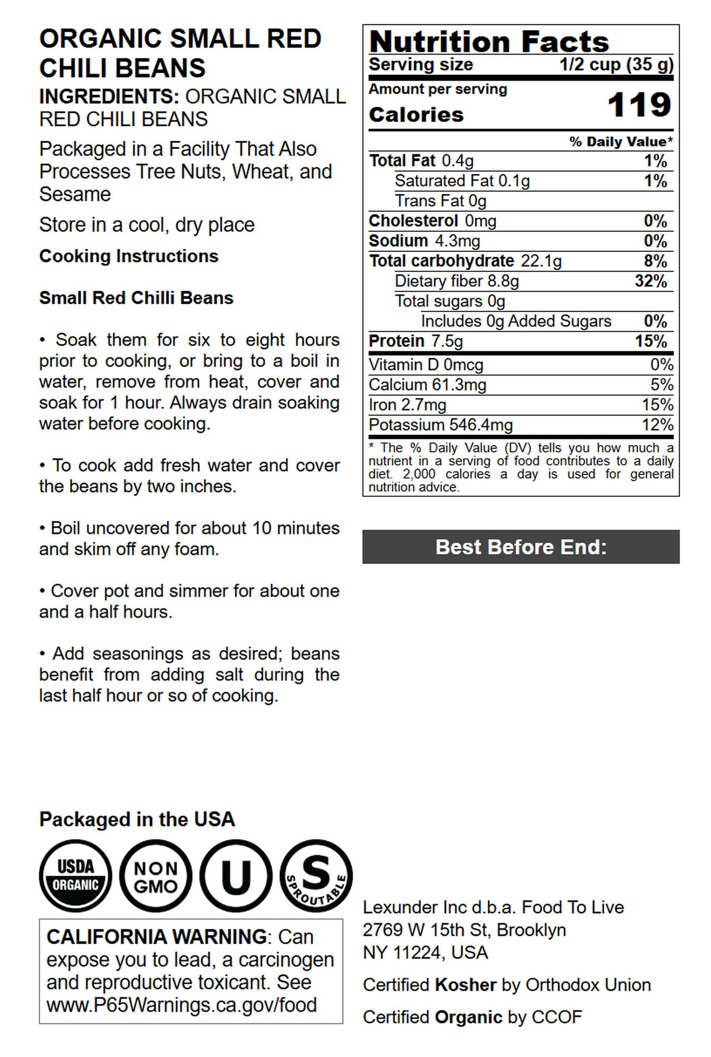 Organic Small Red Chili Beans - by Food To Live