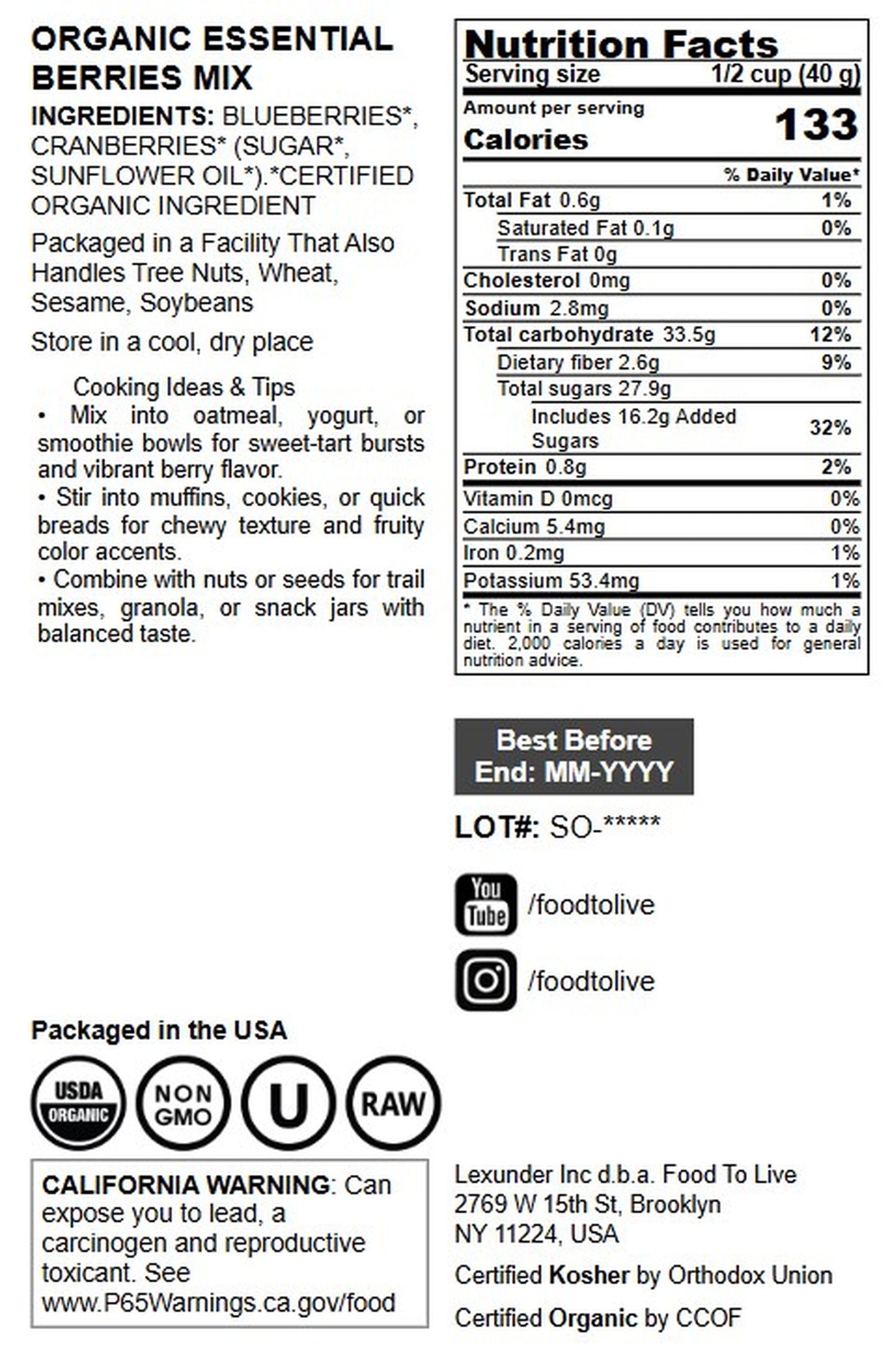 Organic Essential Berries Mix with Cranberries and Blueberries - by Food To Live