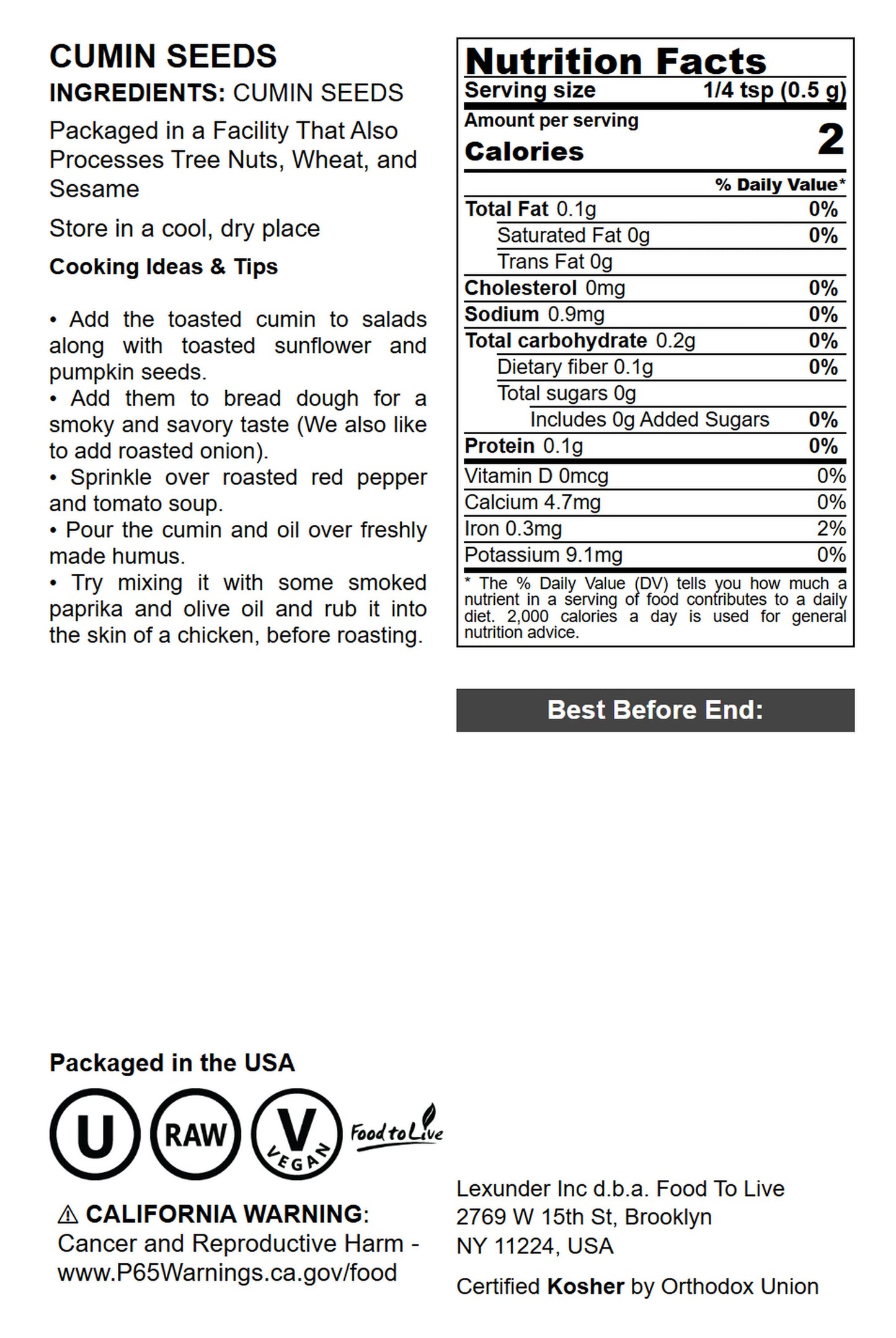 Cumin Seeds Whole - by Food To Live