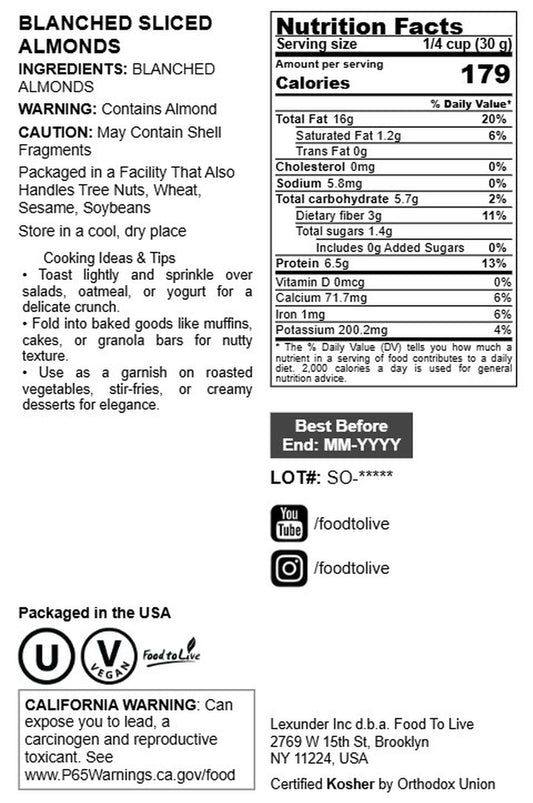 Blanched Sliced Almonds - by Food To Live
