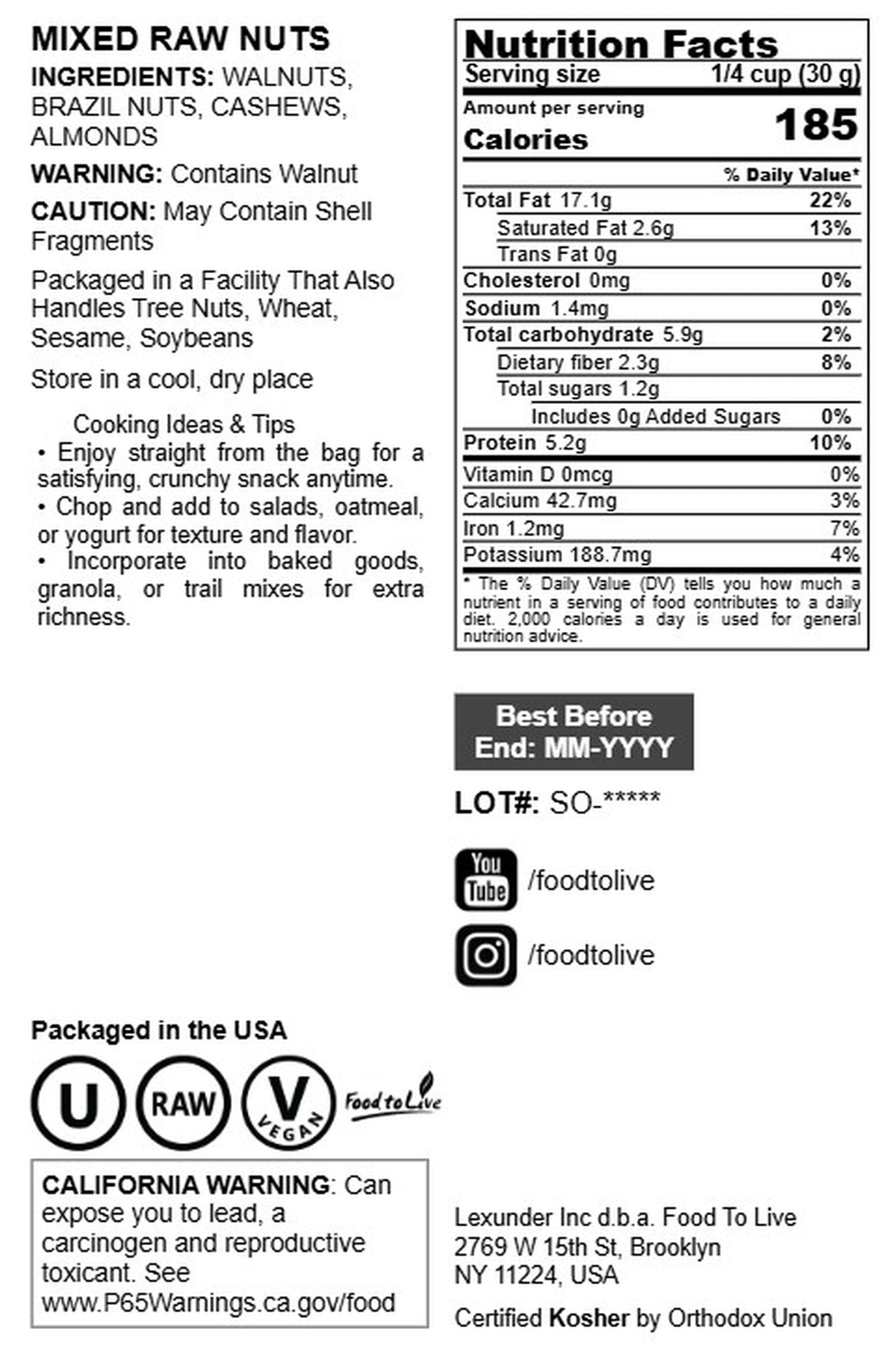 Mixed Raw Nuts - by Food To Live