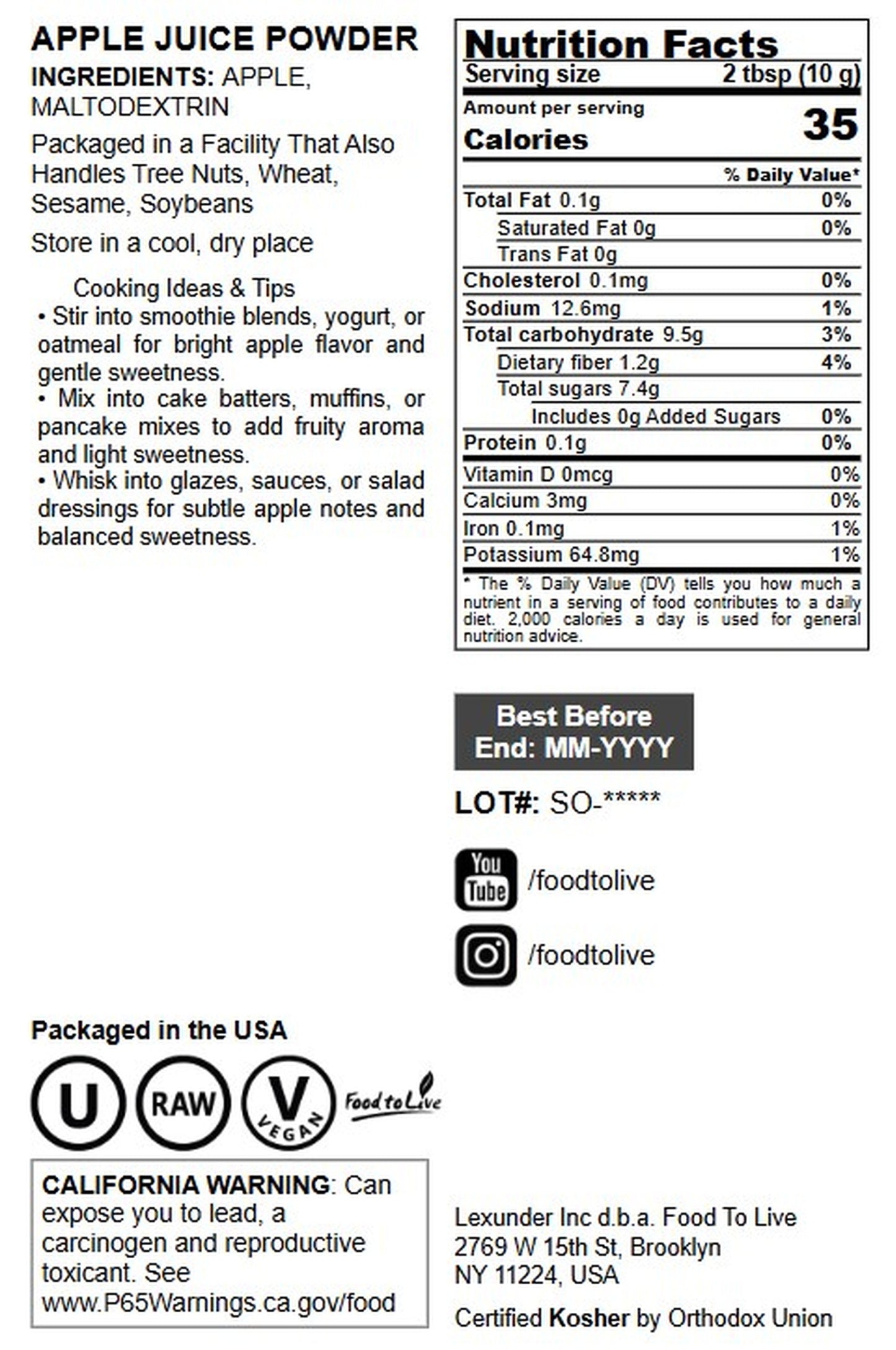 Apple Juice Powder - by Food To Live
