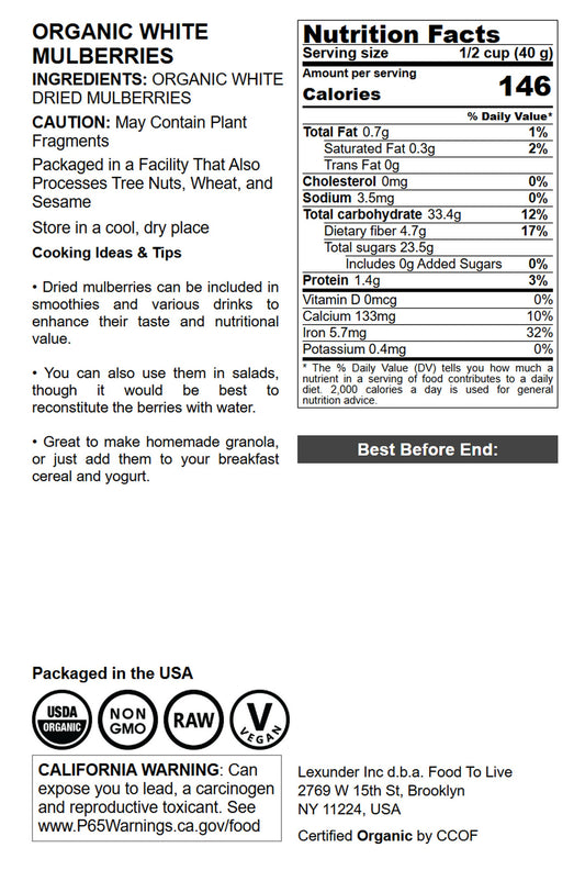 Organic Dried White Mulberries - by Food To Live