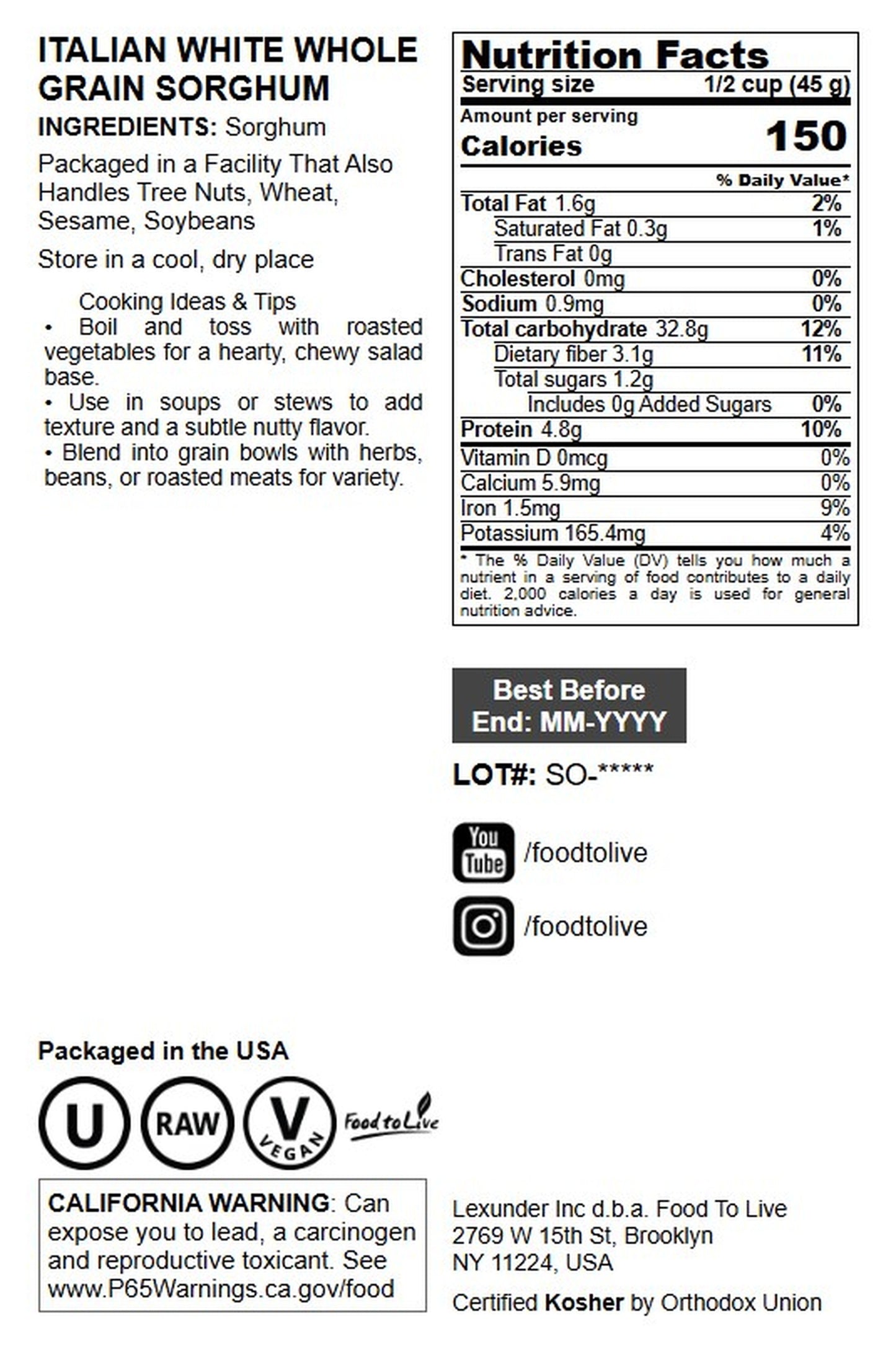 Italian White Whole Grain Sorghum - by Food To Live