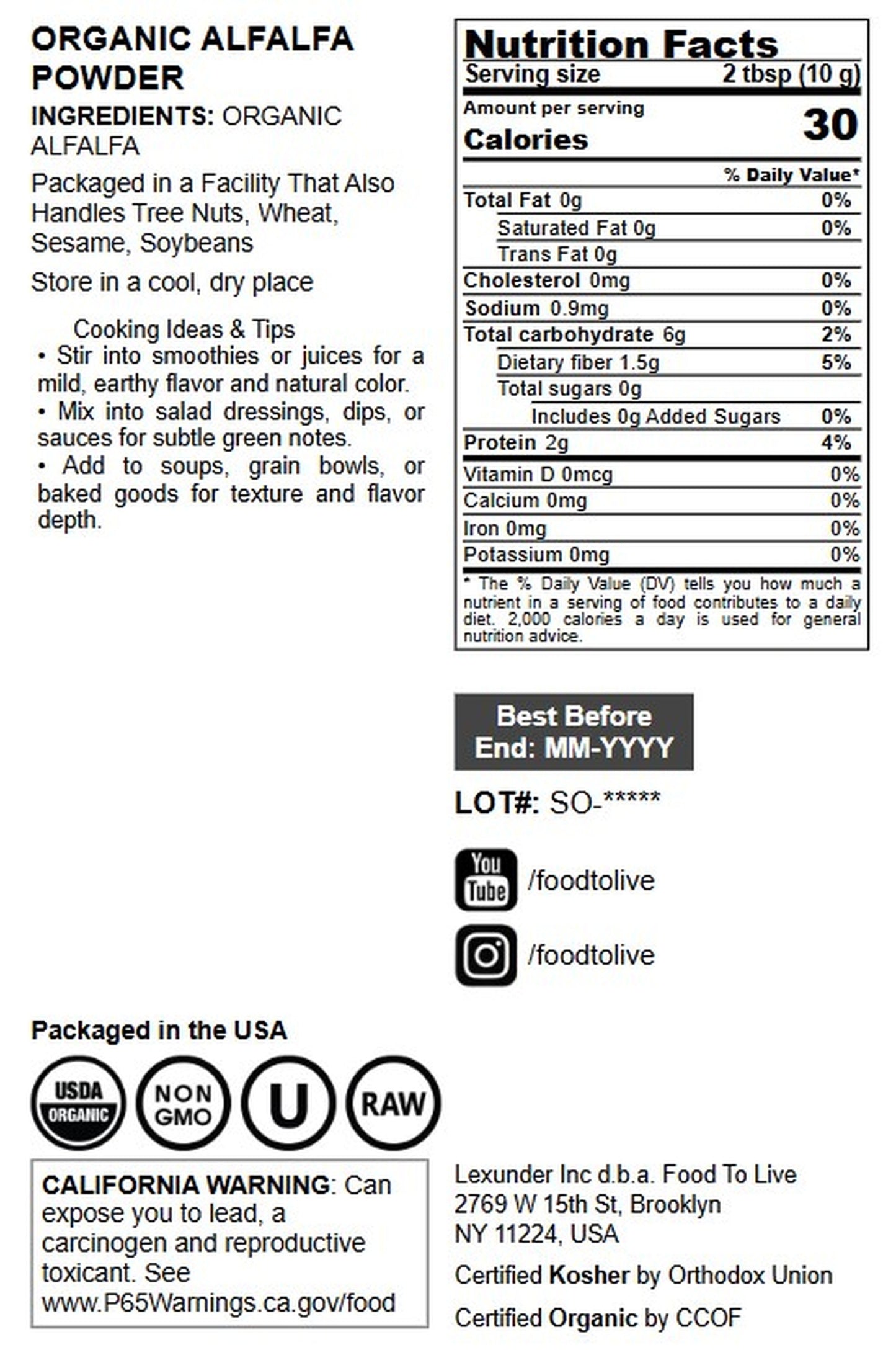 Organic Alfalfa Powder- by Food To Live