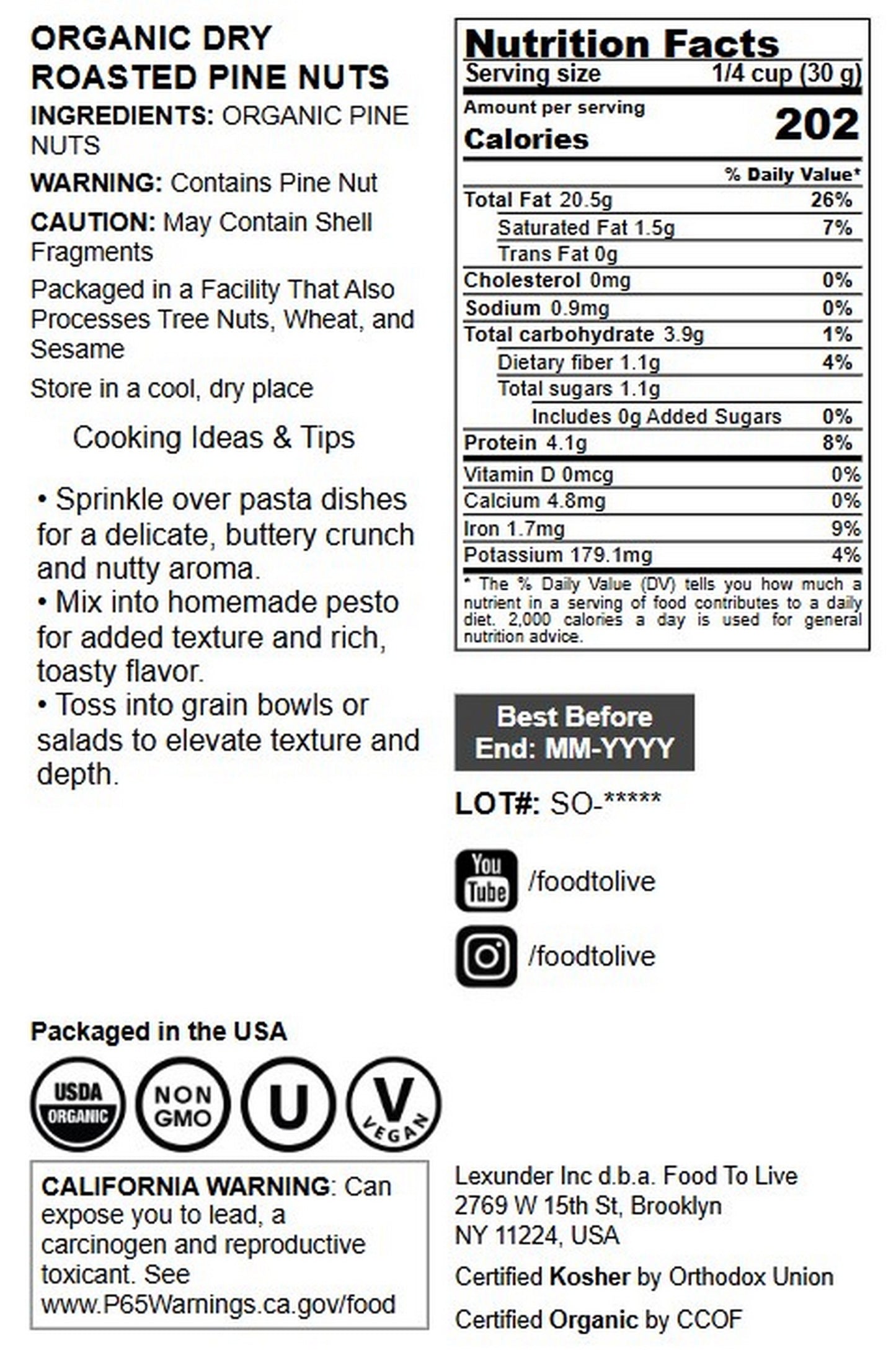 Organic Dry Roasted Pine Nuts - by Food to Live