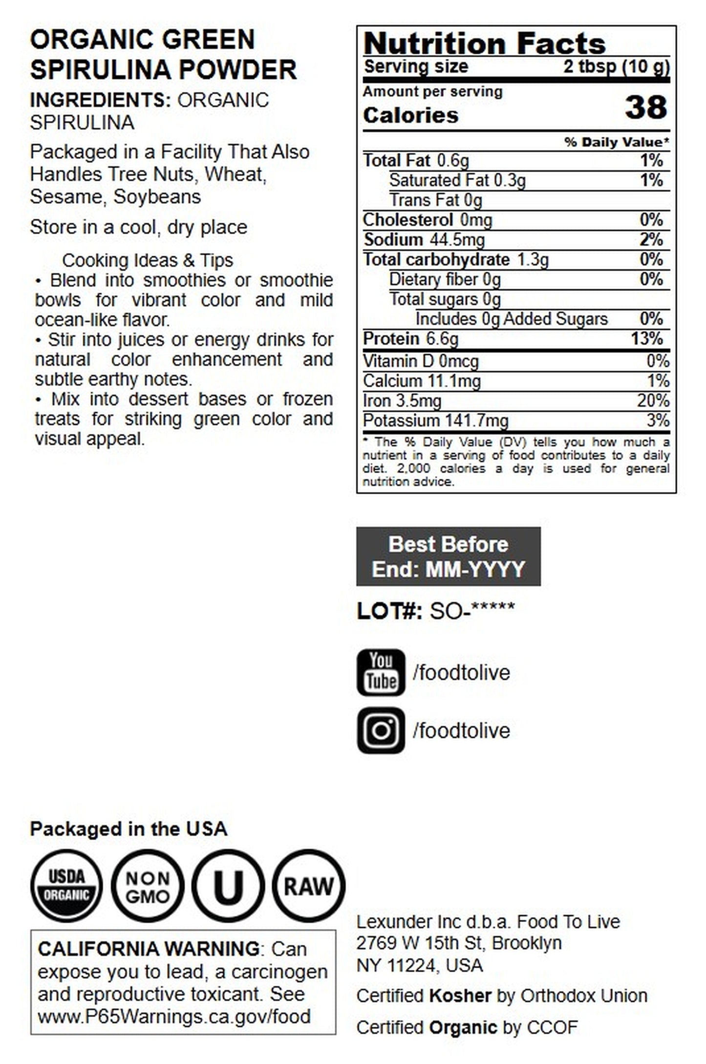 Organic Spirulina Powder - by Food To Live