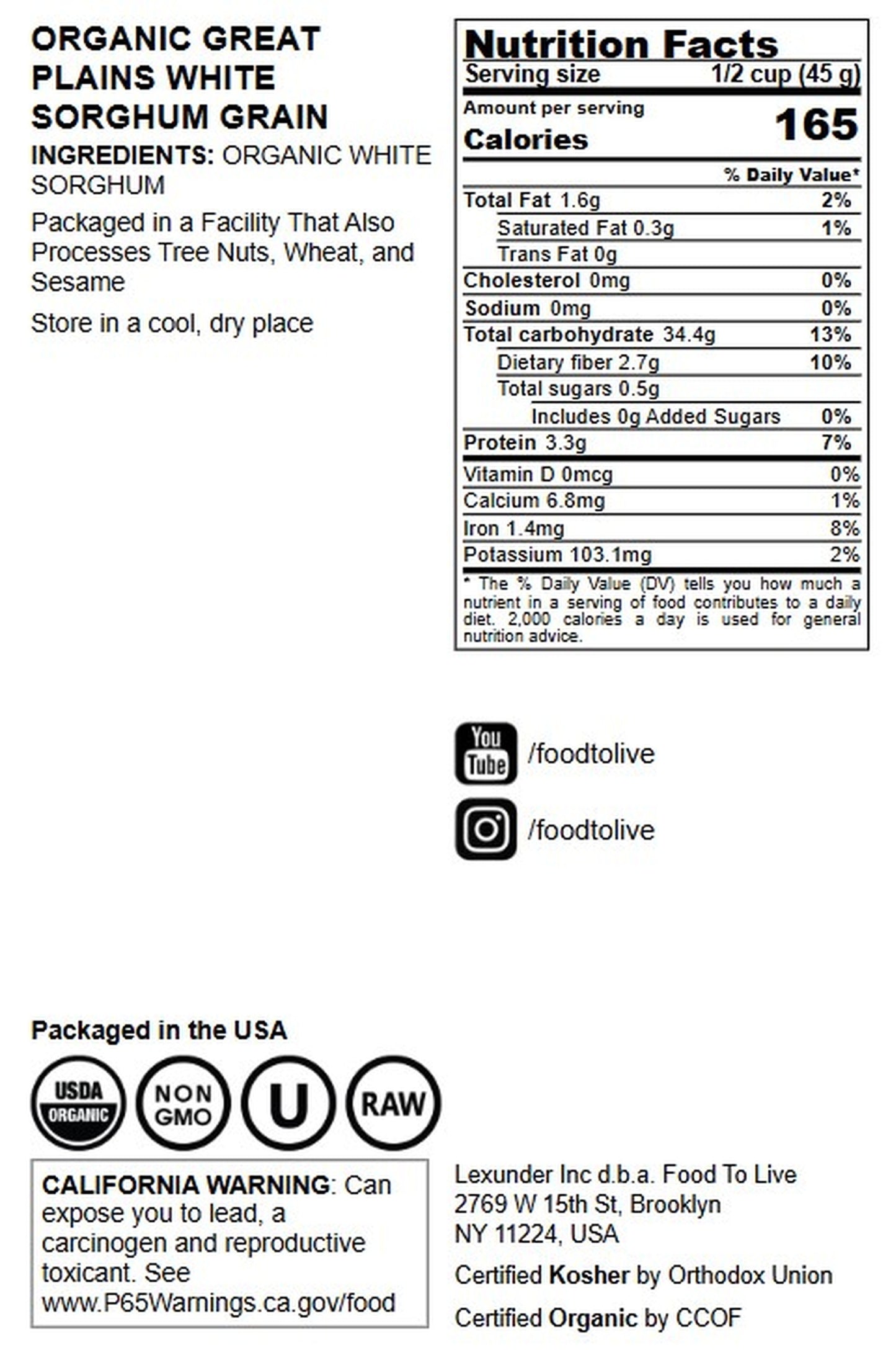 Organic Great Plains White Sorghum Grain - by Food to Live