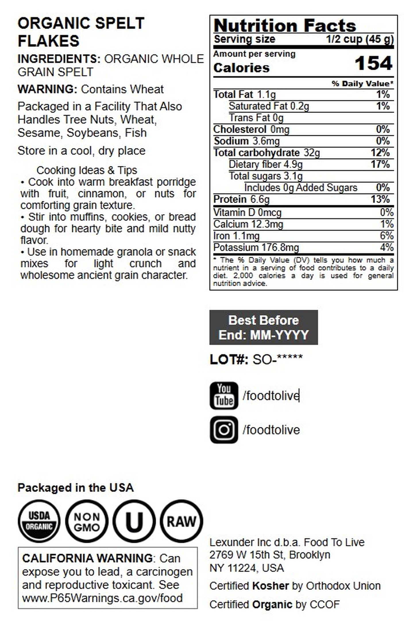 Organic Spelt Flakes - by Food To Live