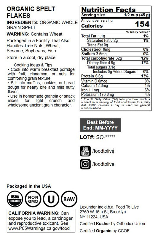 Organic Spelt Flakes - by Food To Live