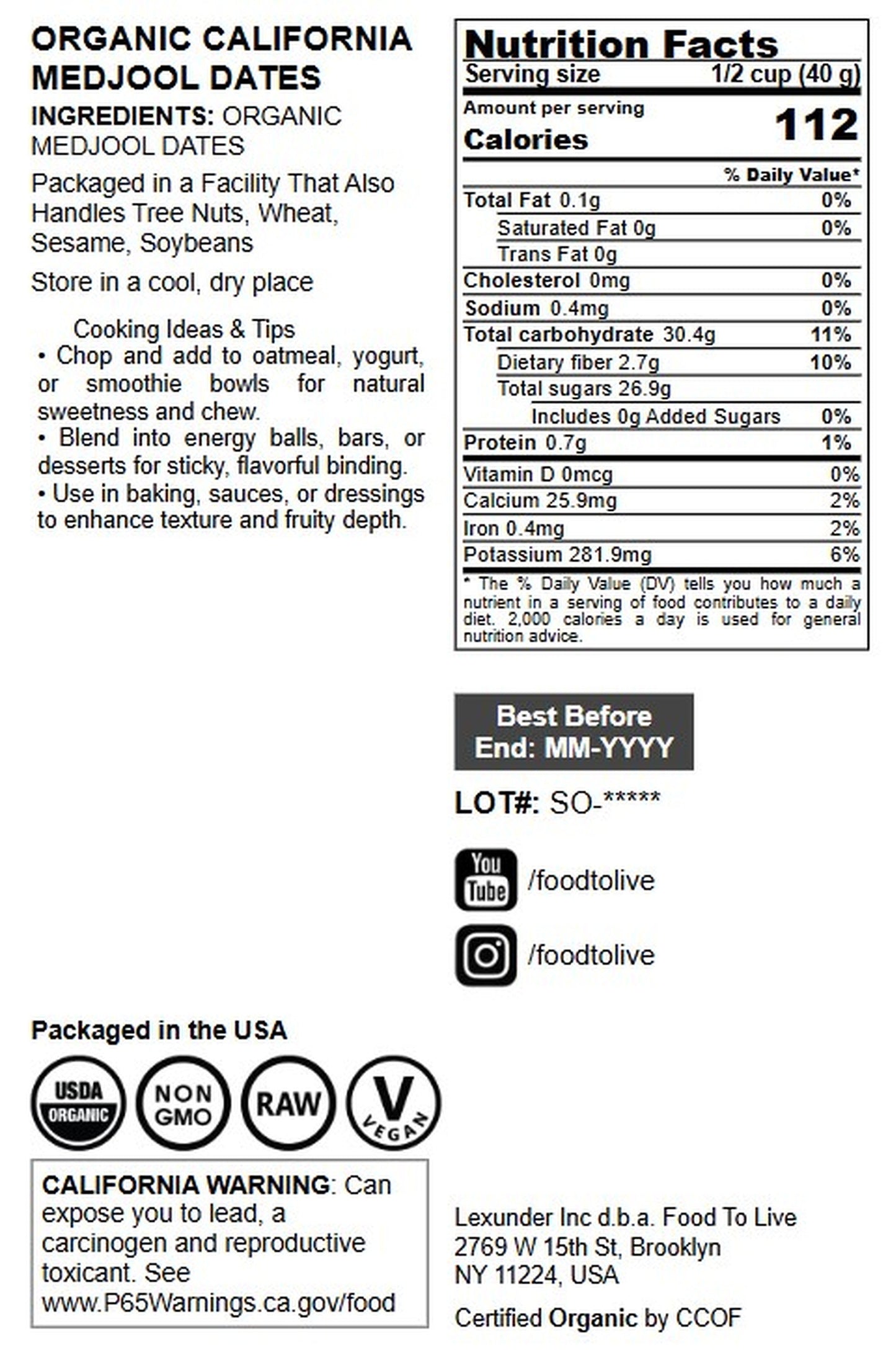 Organic California Medjool Dates - by Food To Live