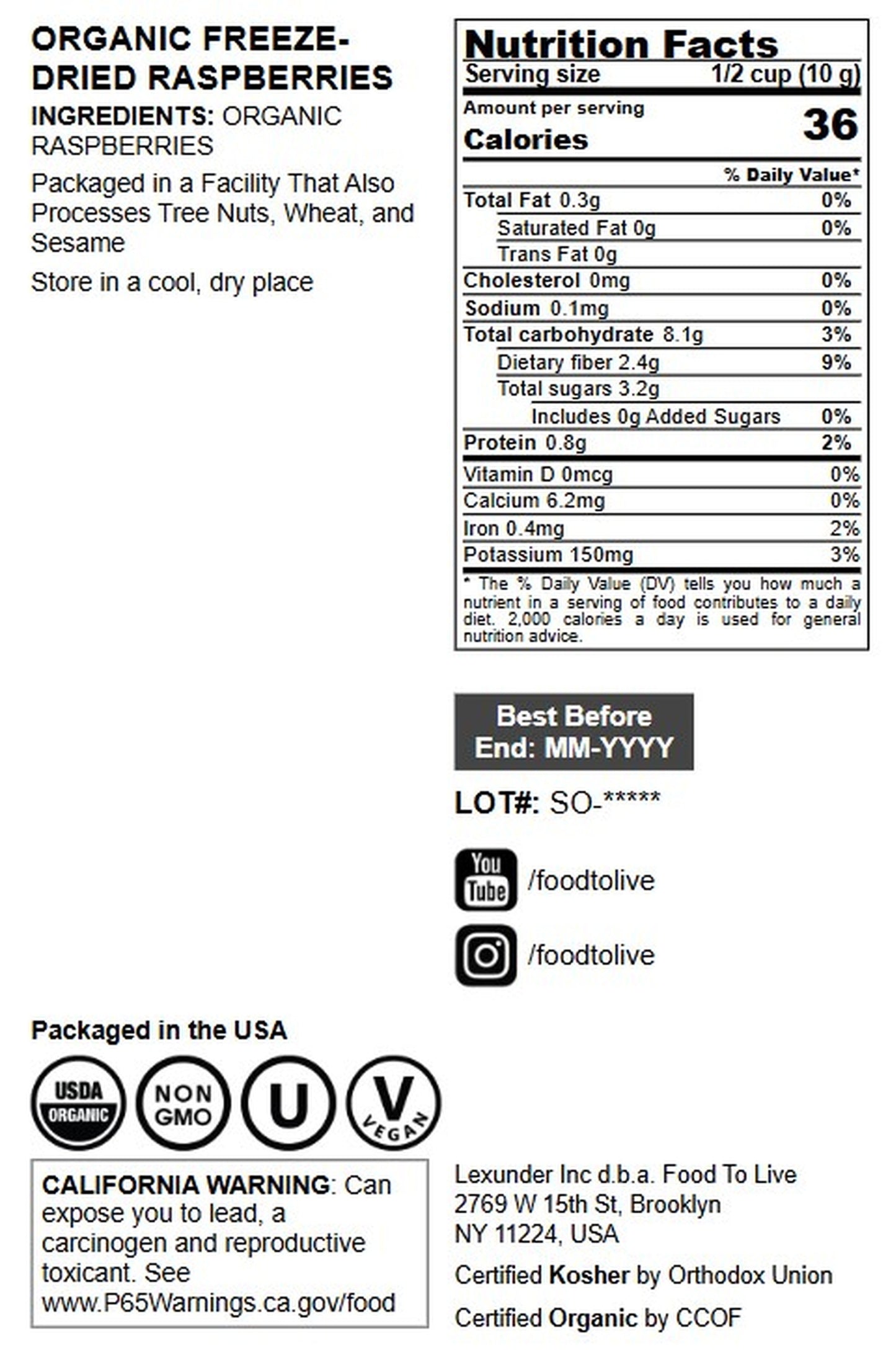 Organic Freeze-Dried Raspberries - by Food to Live