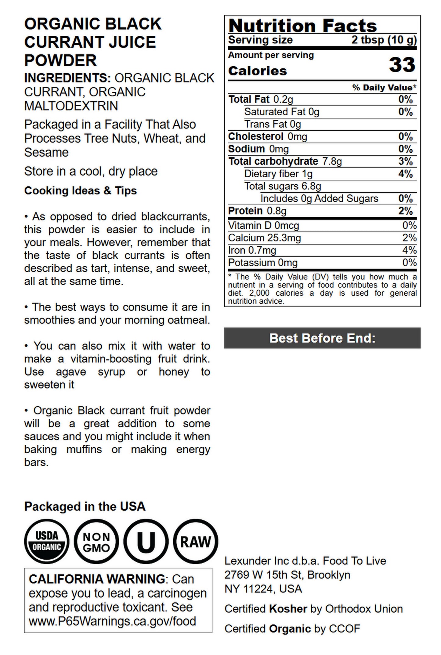 Organic Black Currant Powder - by Food To Live