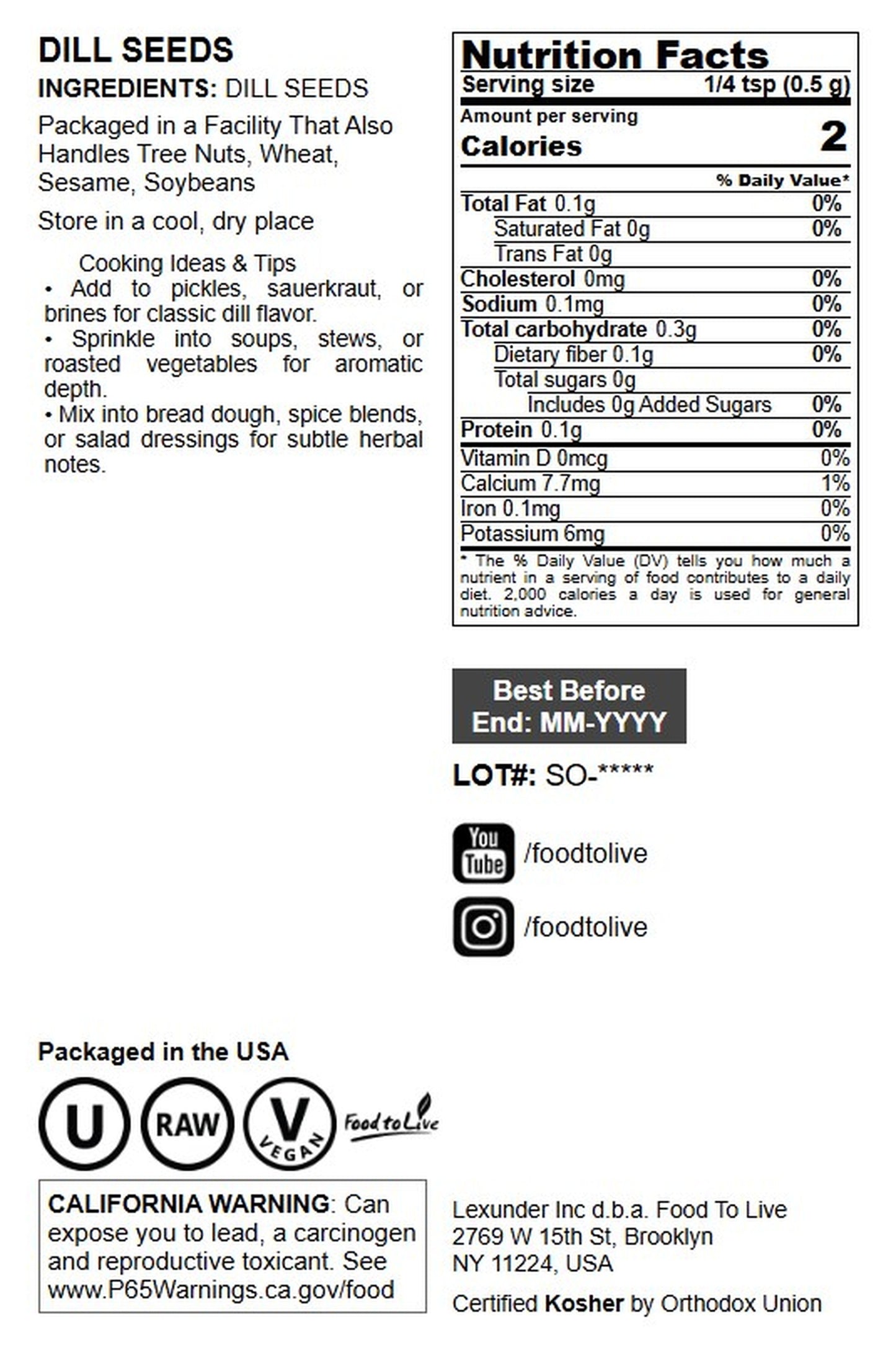 Dill Seeds Whole - by Food To Live