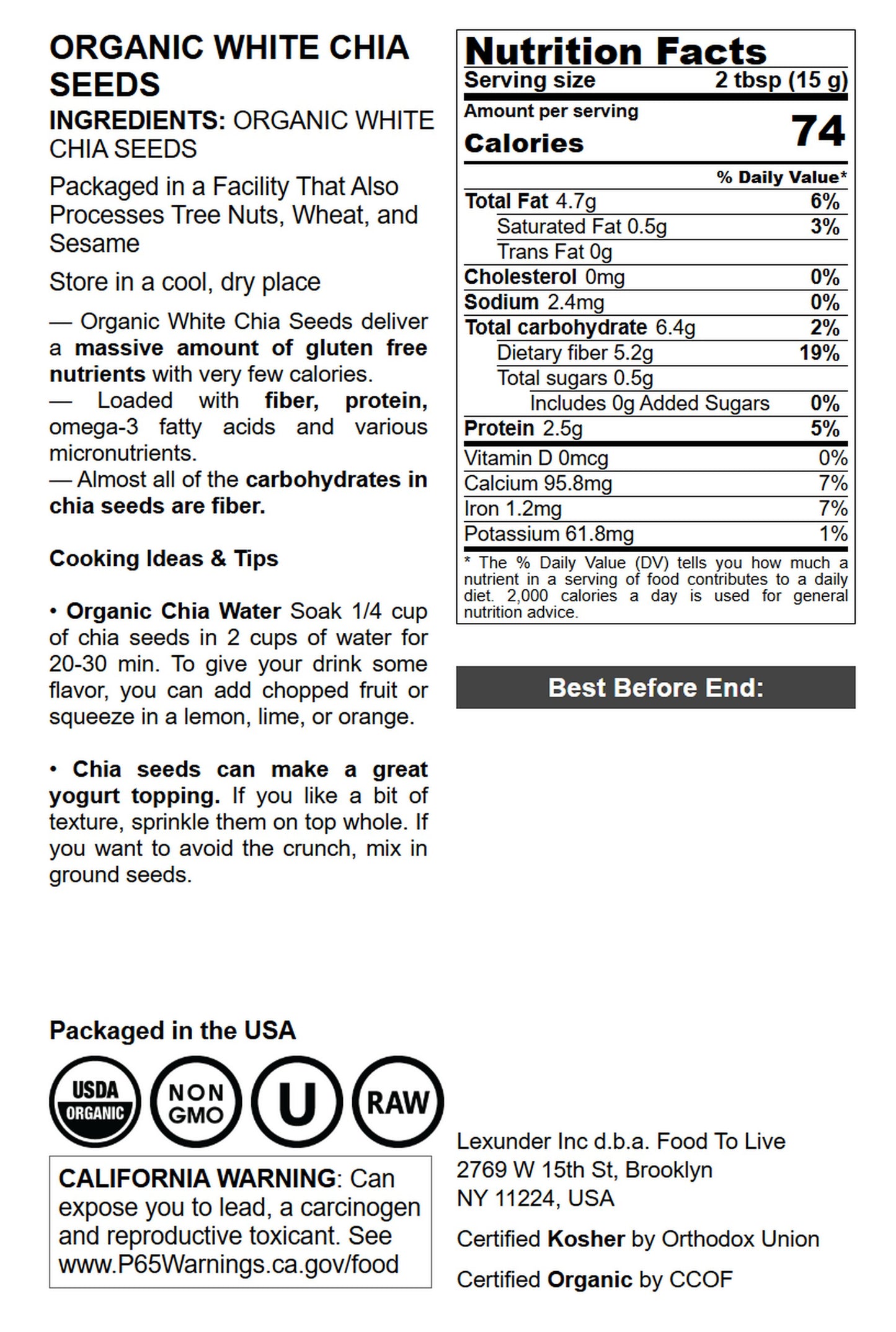 Organic White Chia Seeds - by Food To Live