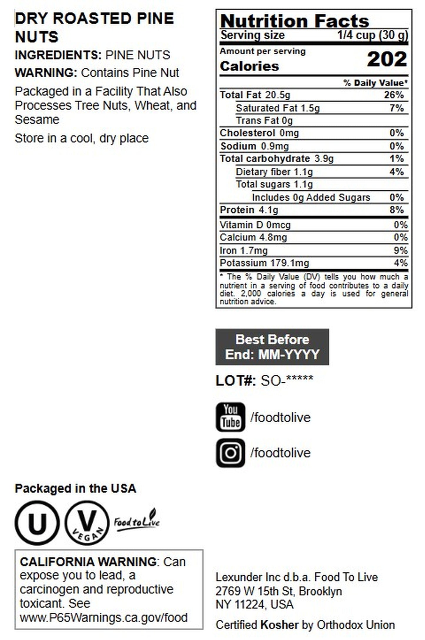 Dry Roasted Pine Nuts - by Food to Live