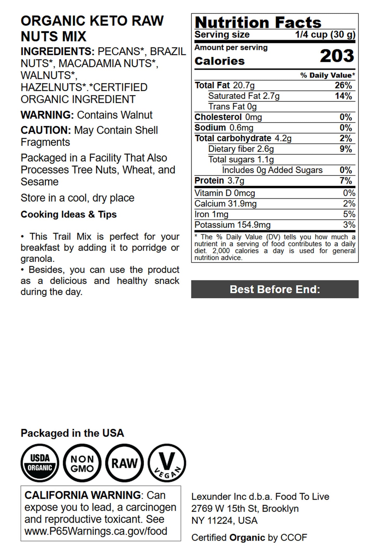 Organic Keto Raw Nuts Mix - by Food To Live